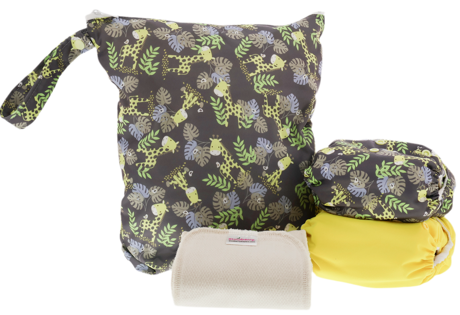Set of patterned bags and pouches on a white background