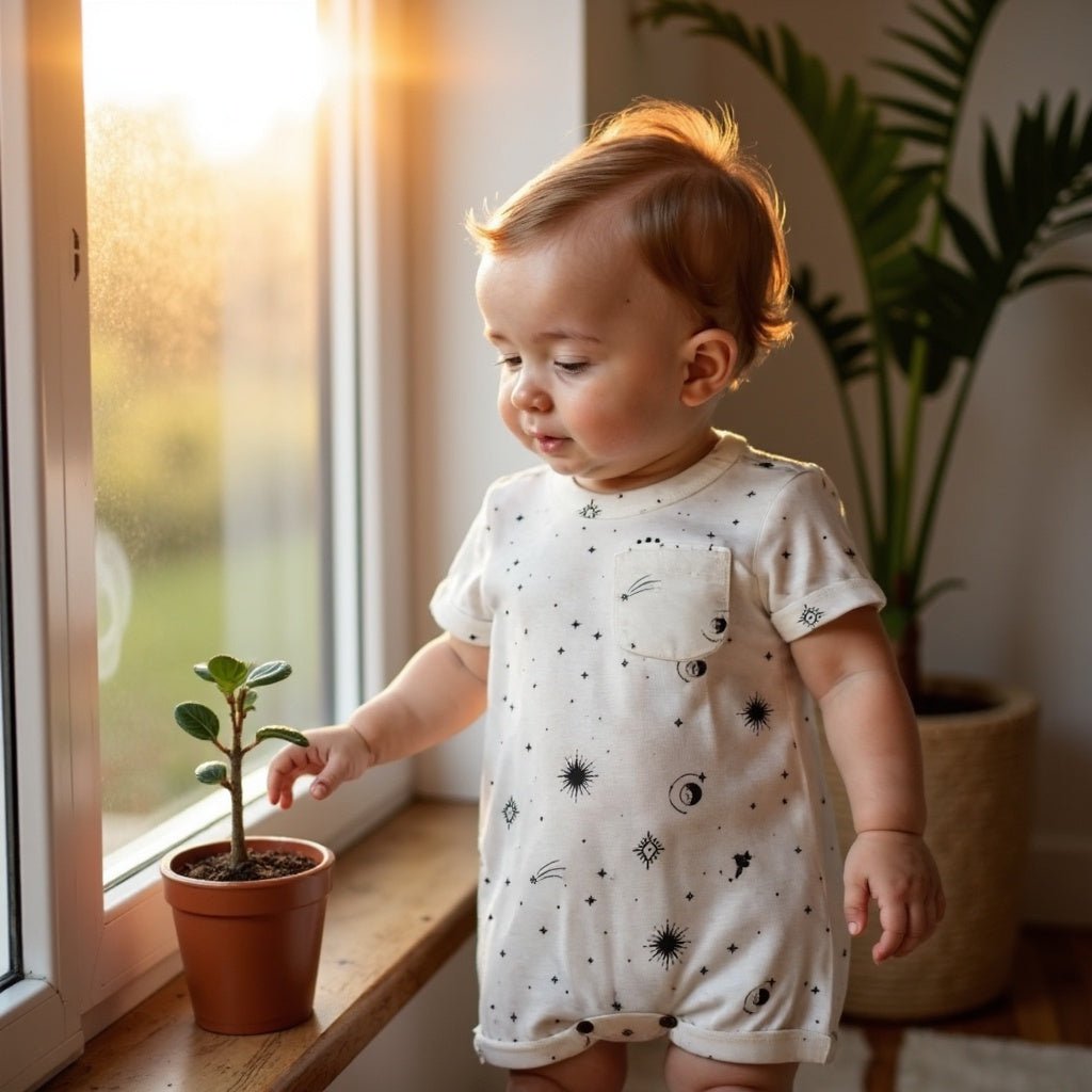 Baby in a white dress with black patterns standing near a window with a plant on the windowsill.