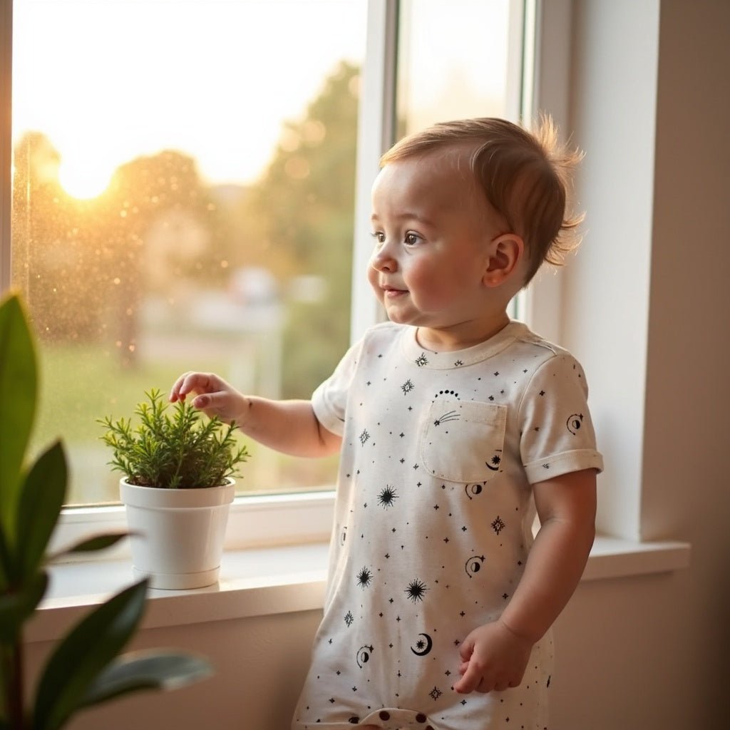Child standing by a window with a plant, looking out at a sunset.