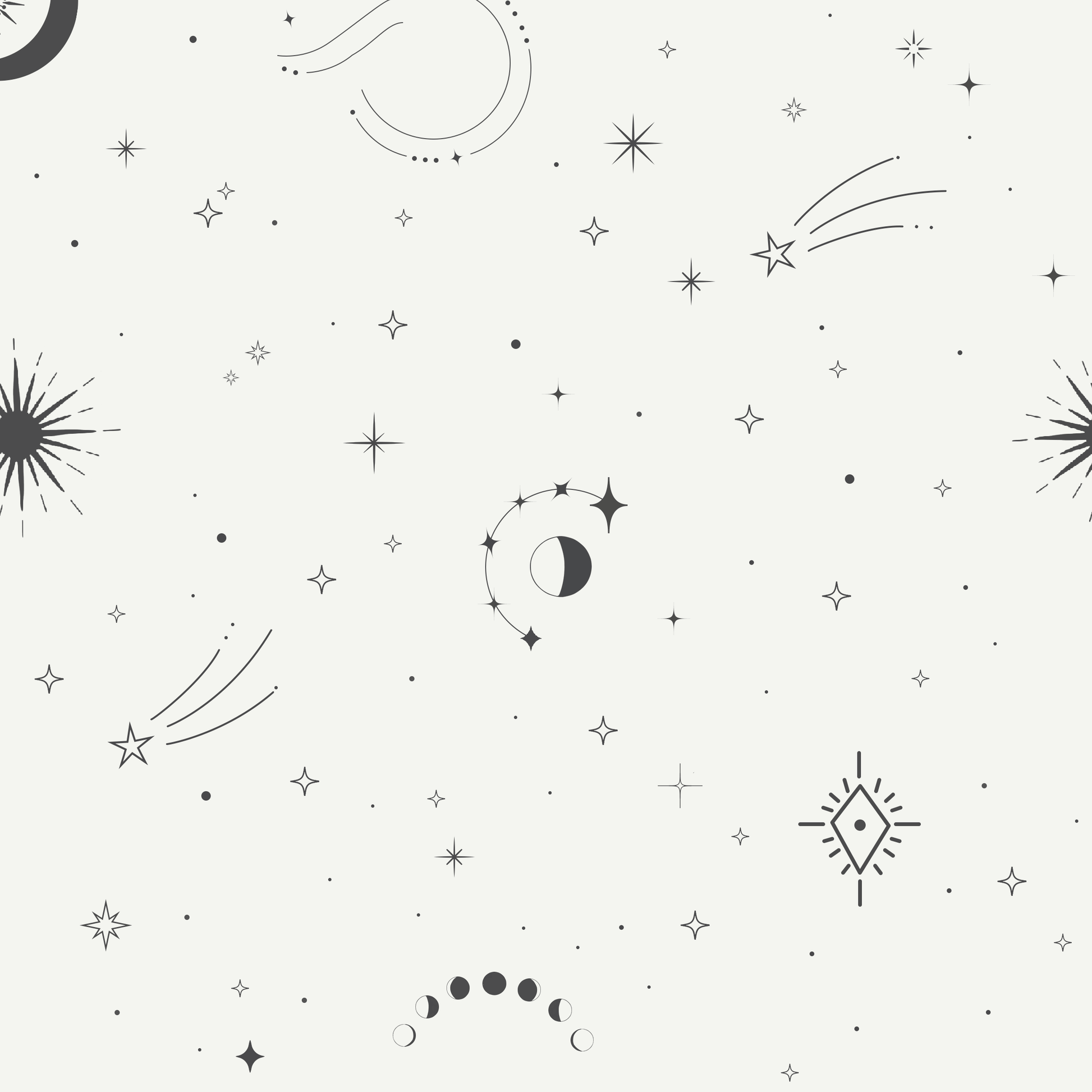 Pattern of celestial elements including stars, moons, and comets on a white background.