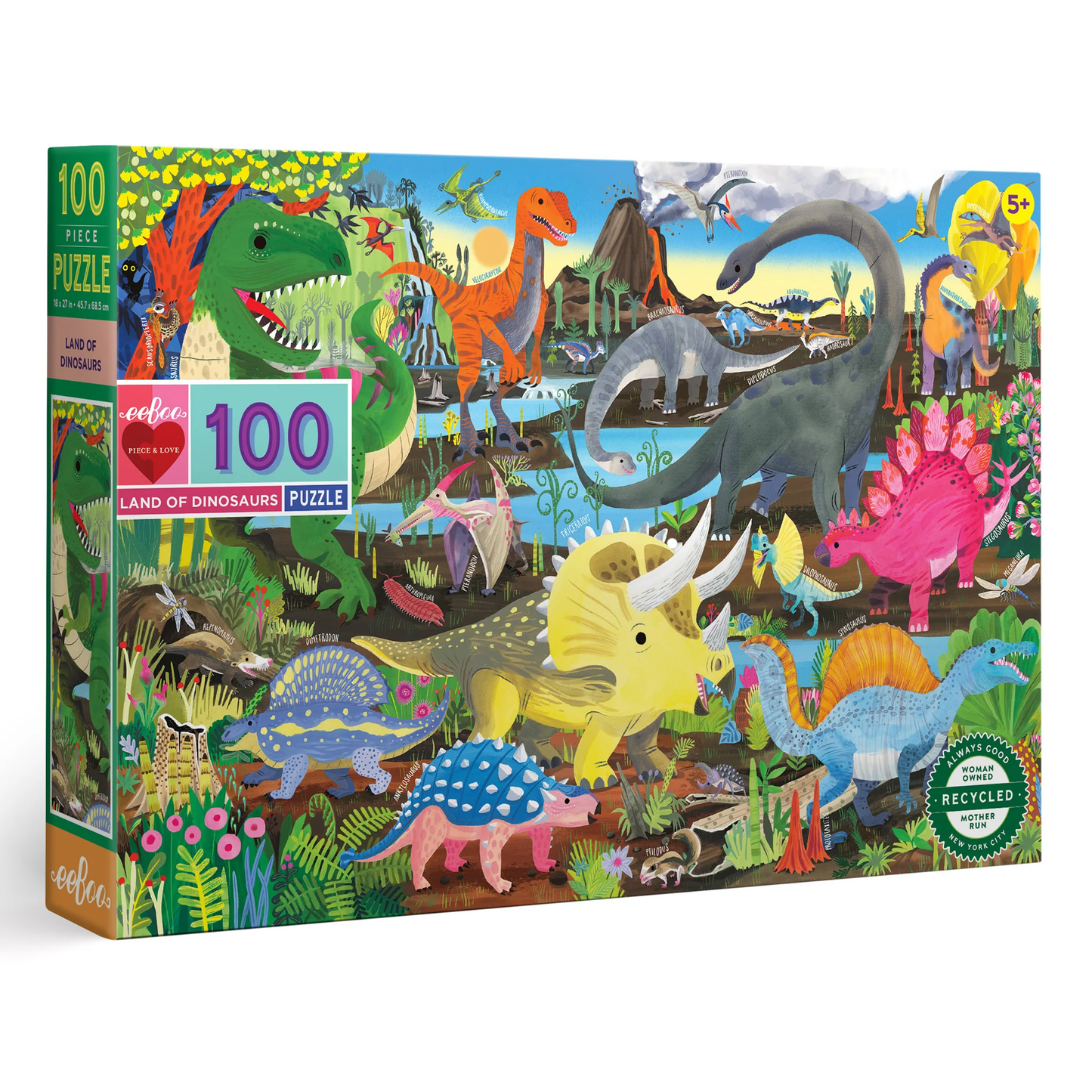 Land of Dinosaurs puzzle box with colorful dinosaur illustrations on a white background