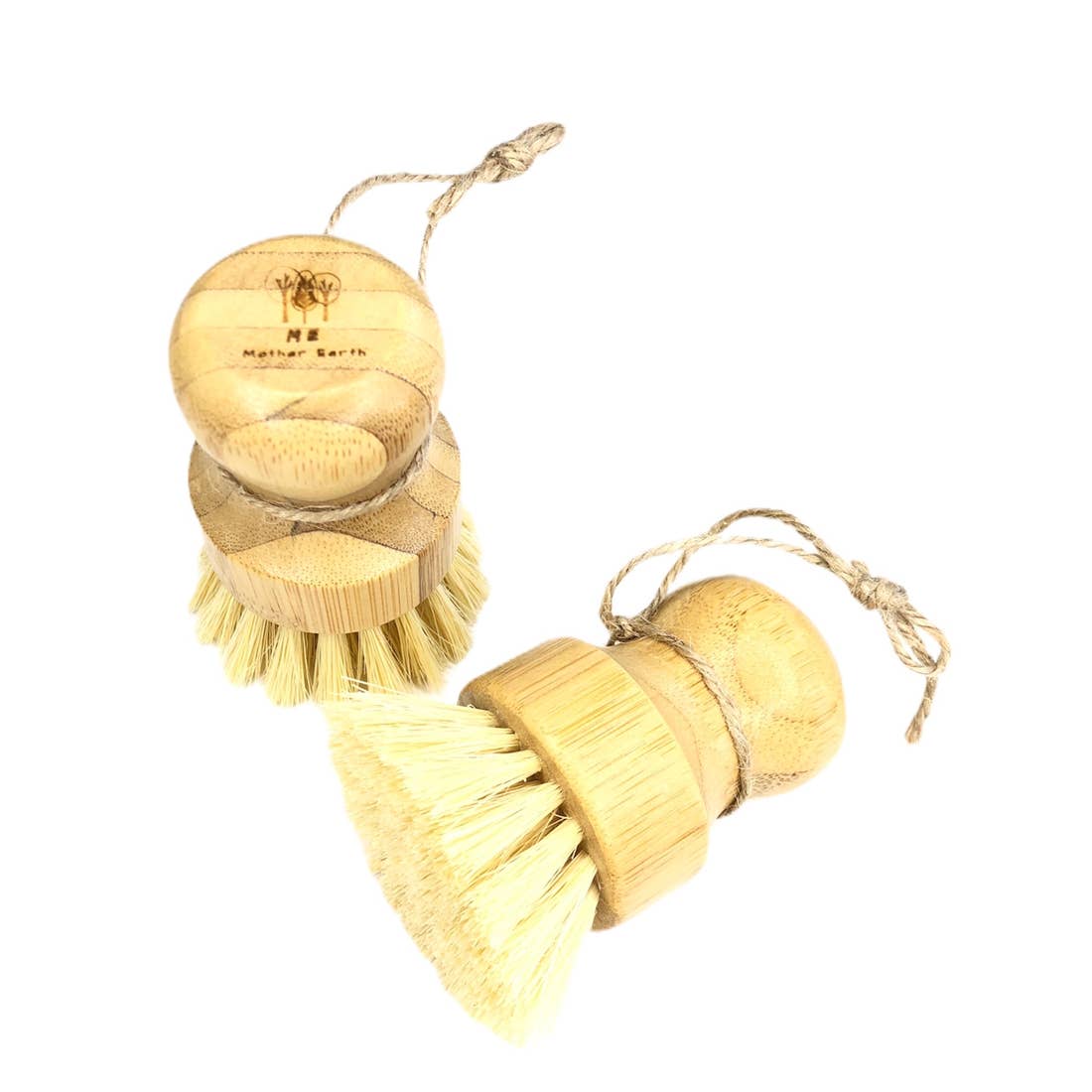 Set of three wooden scrub brushes with bristles on a white background
