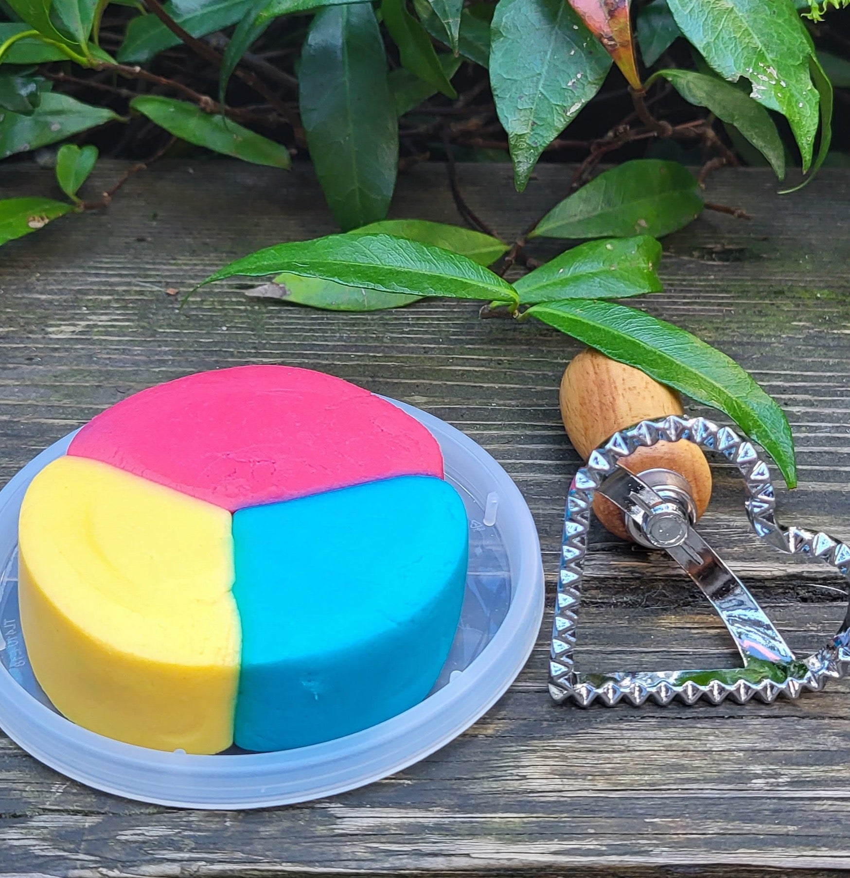 tricolor play dough with heart cutter
