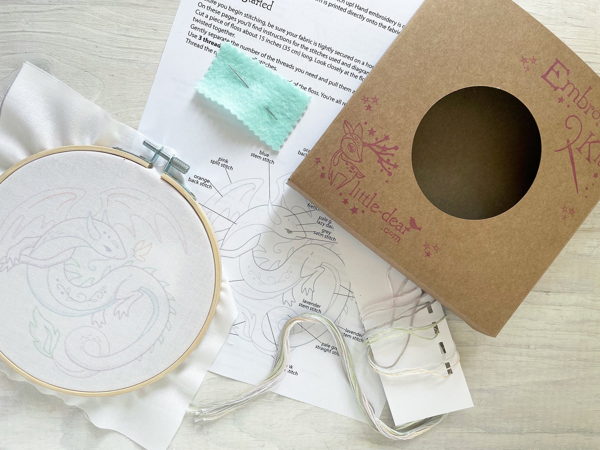 Embroidery kit with hoop, thread, and pattern sheet on a wooden surface