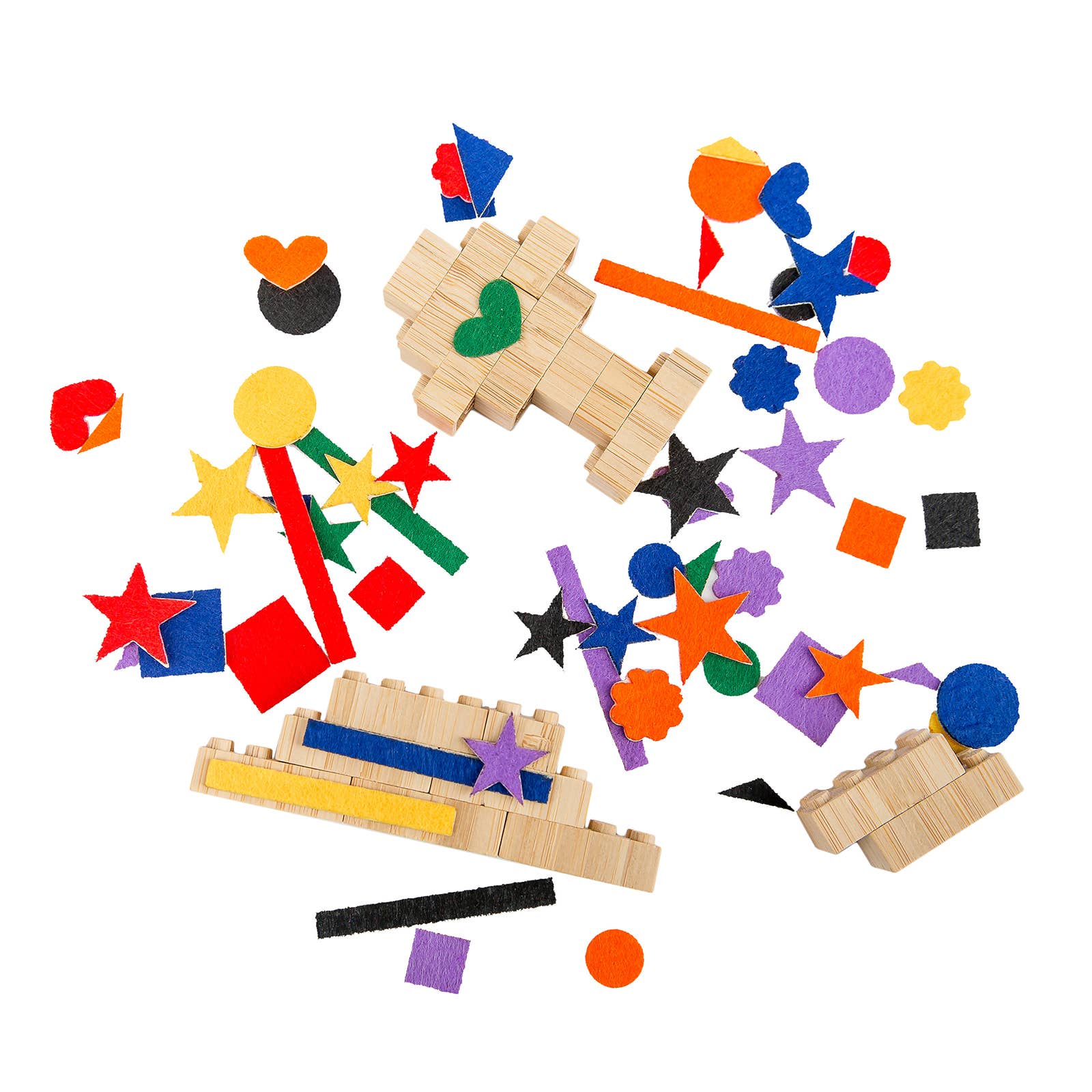 Wooden building blocks and colorful felt shapes on a white background