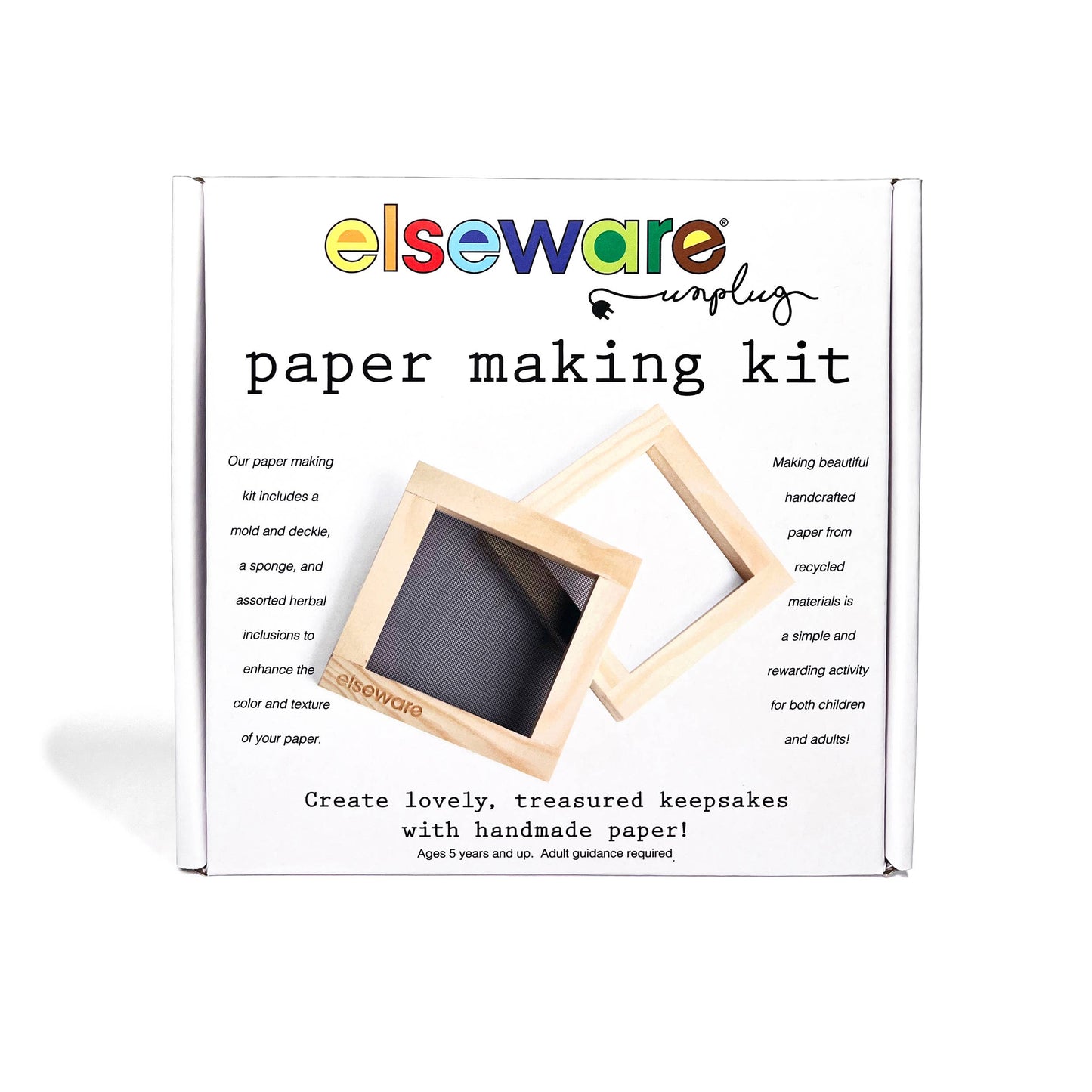Paper making kit packaging with wooden frames and text on a white background