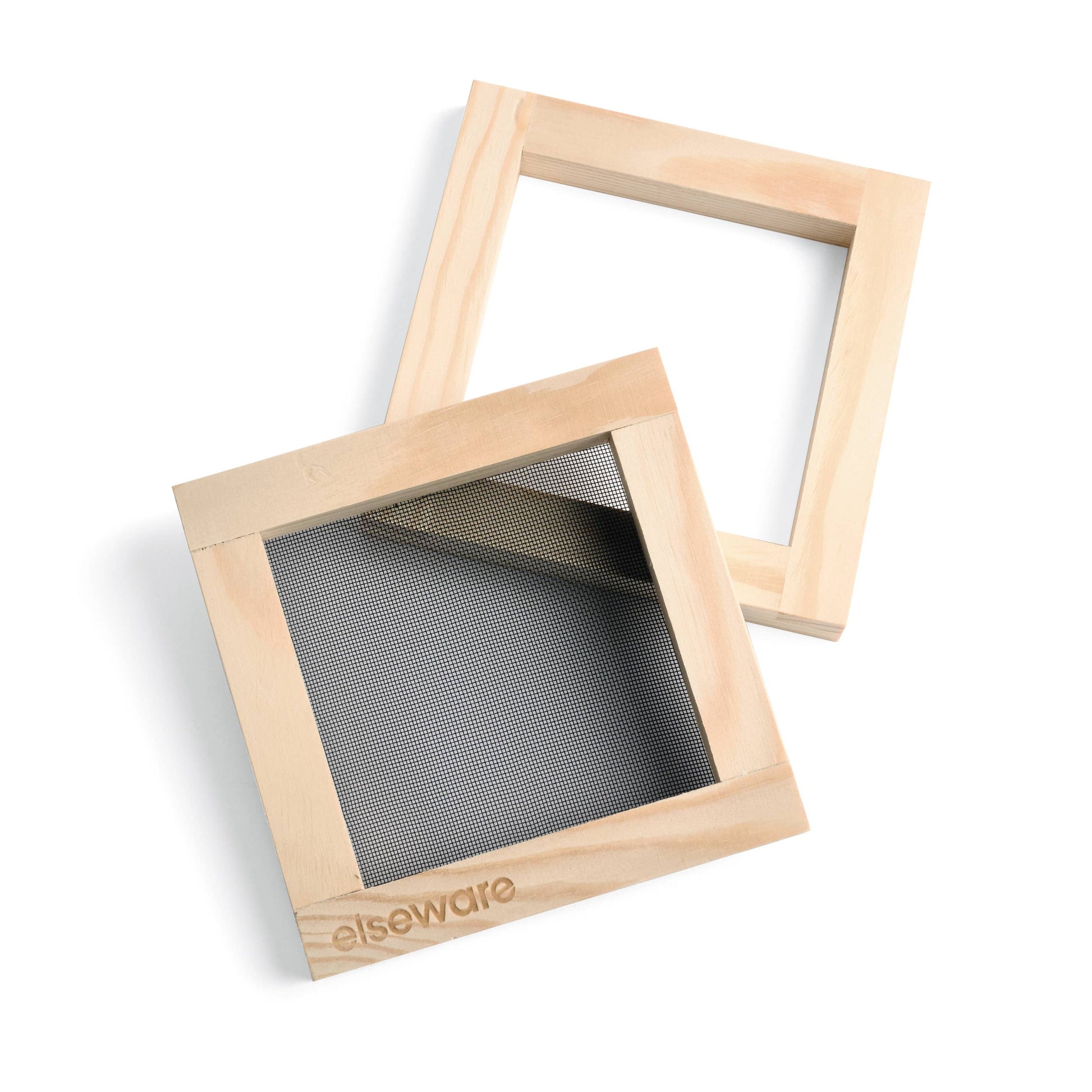 Wooden frame with a mesh screen for paper-making on a white background