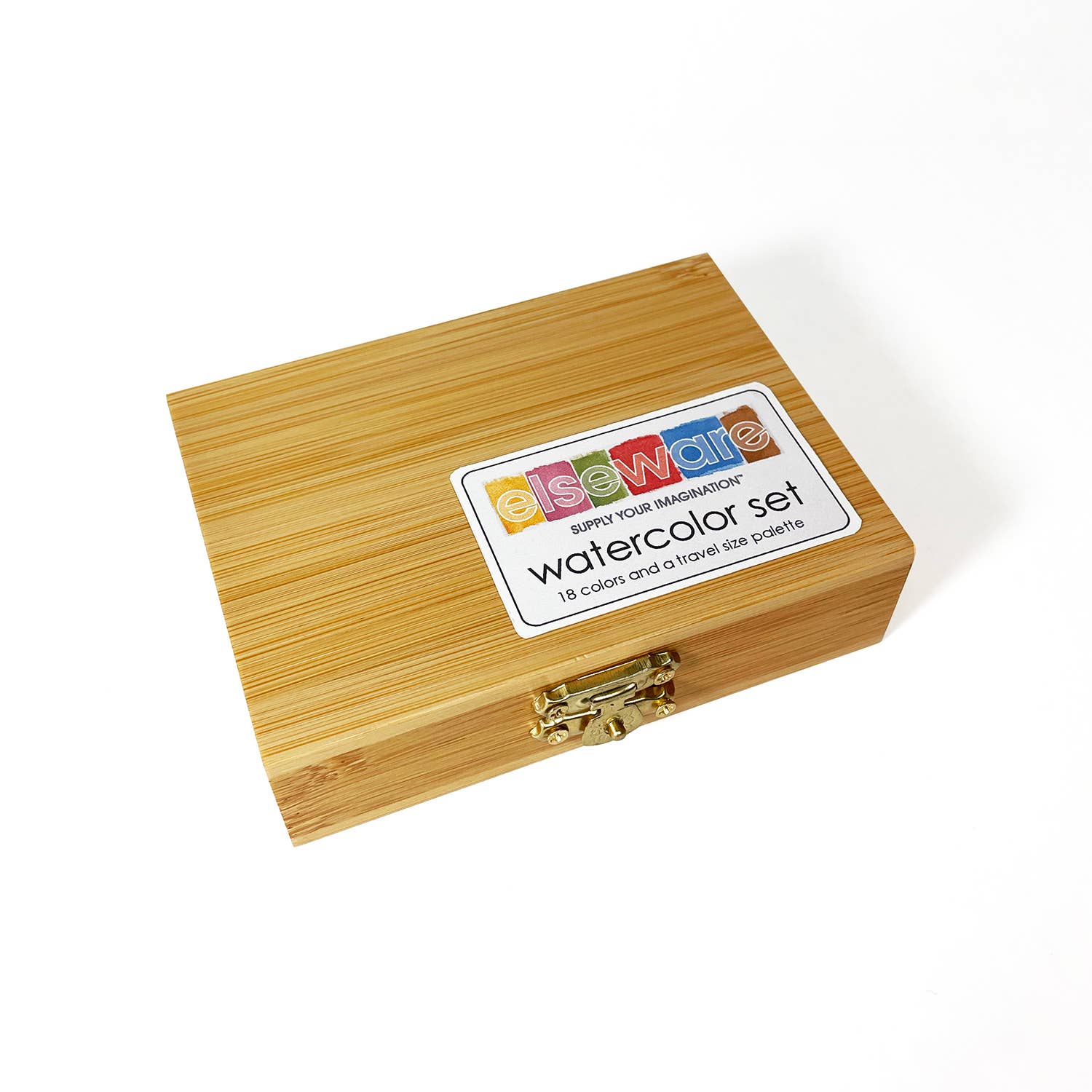 Wooden case for watercolor set with label on a white background