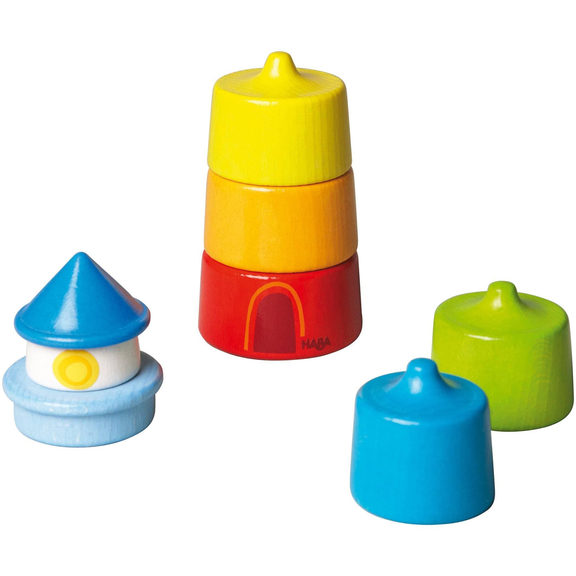 Set of colorful plastic cups stacked on a white background