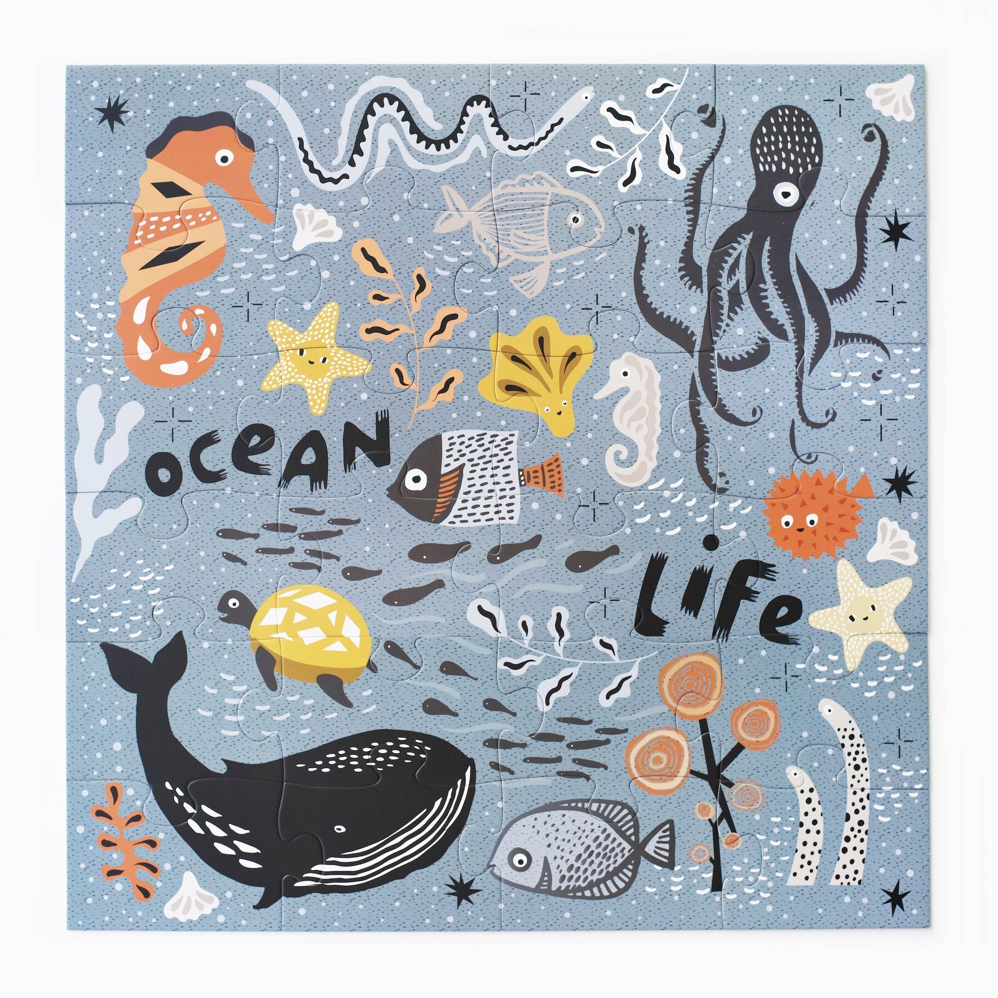 Illustrated ocean life puzzle with various sea creatures on a blue background