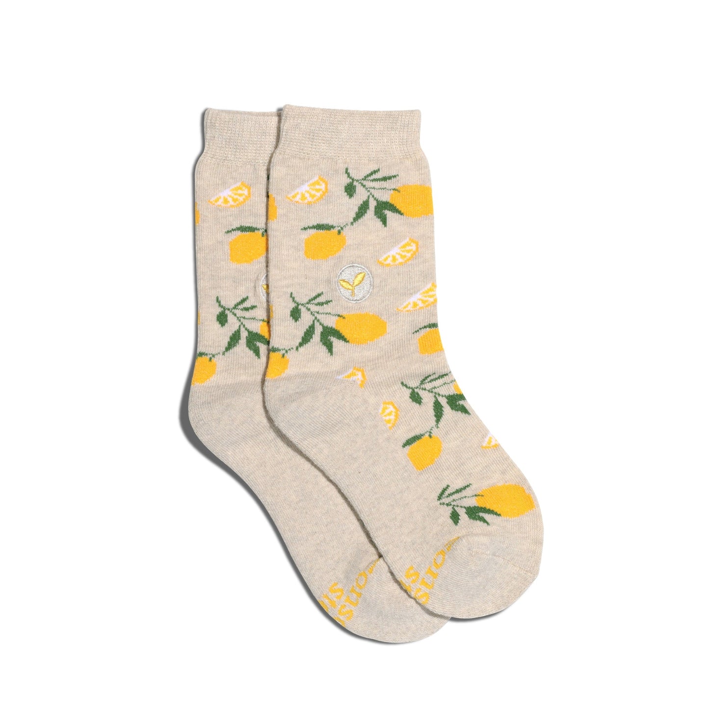 Beige socks with lemon pattern on a white background