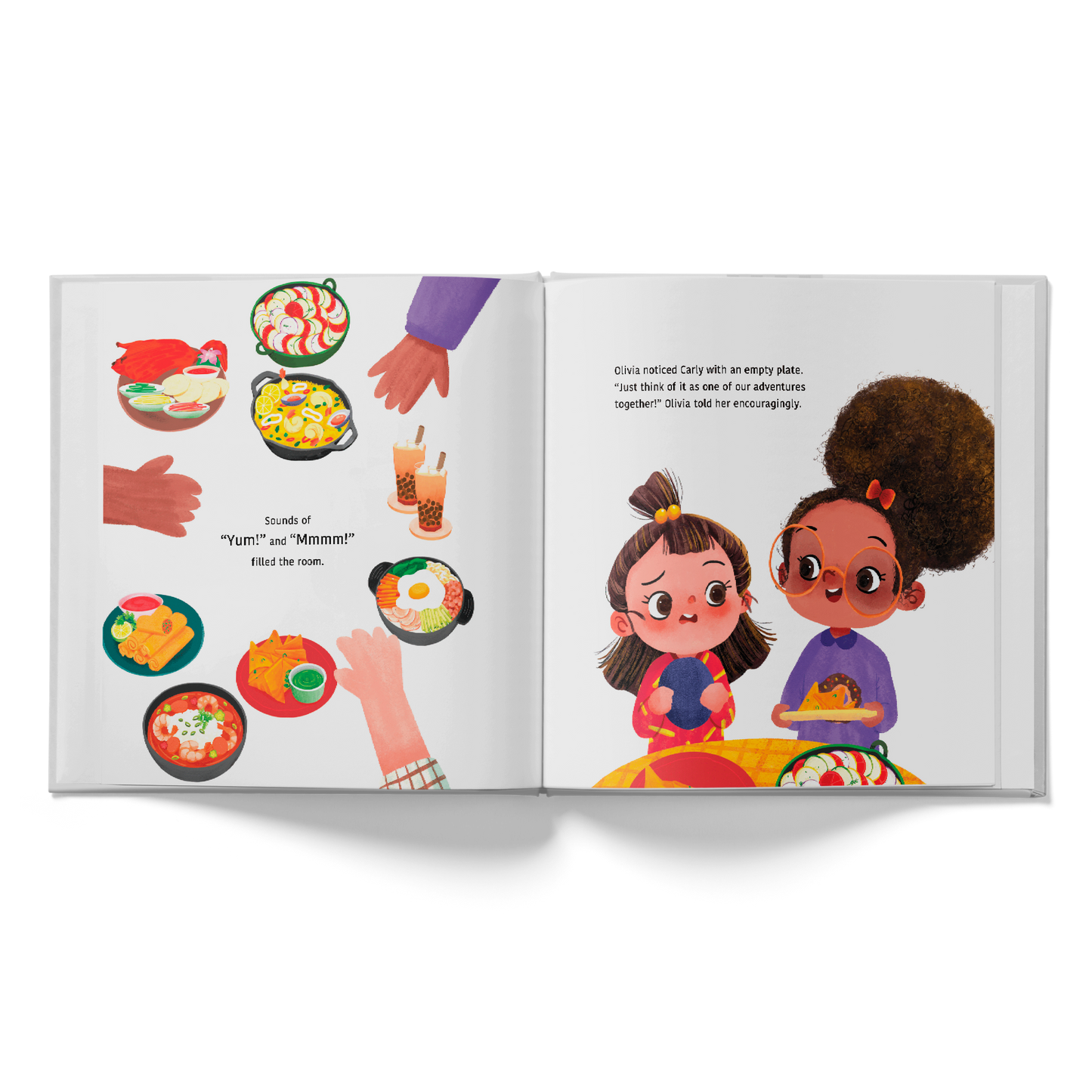 Illustrated book open to two pages with characters and food illustrations on a white background