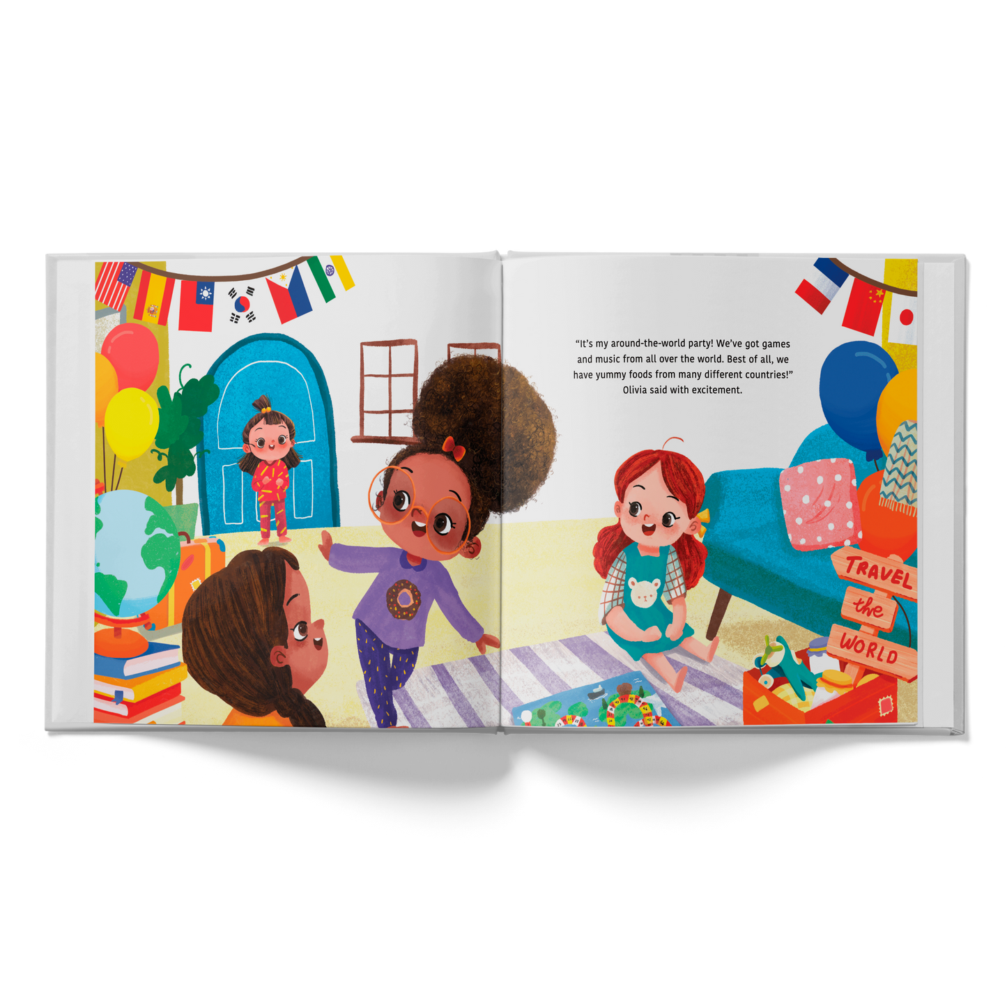 Illustrated children's book open to a page with characters and colorful flags
