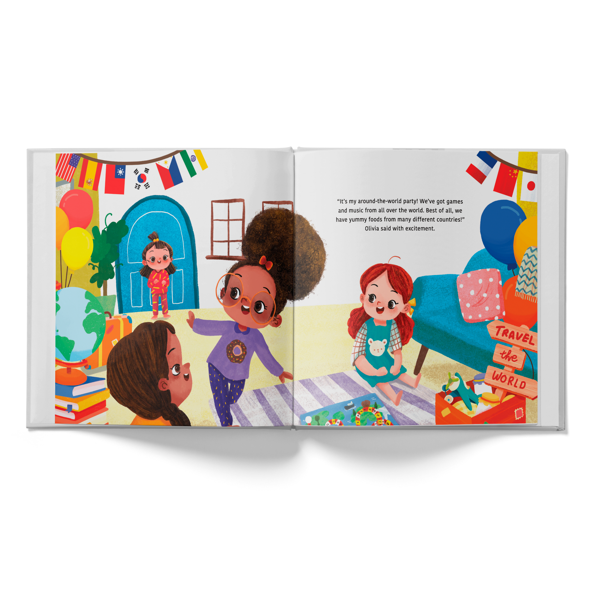 Illustrated children's book open to a page with characters and colorful flags