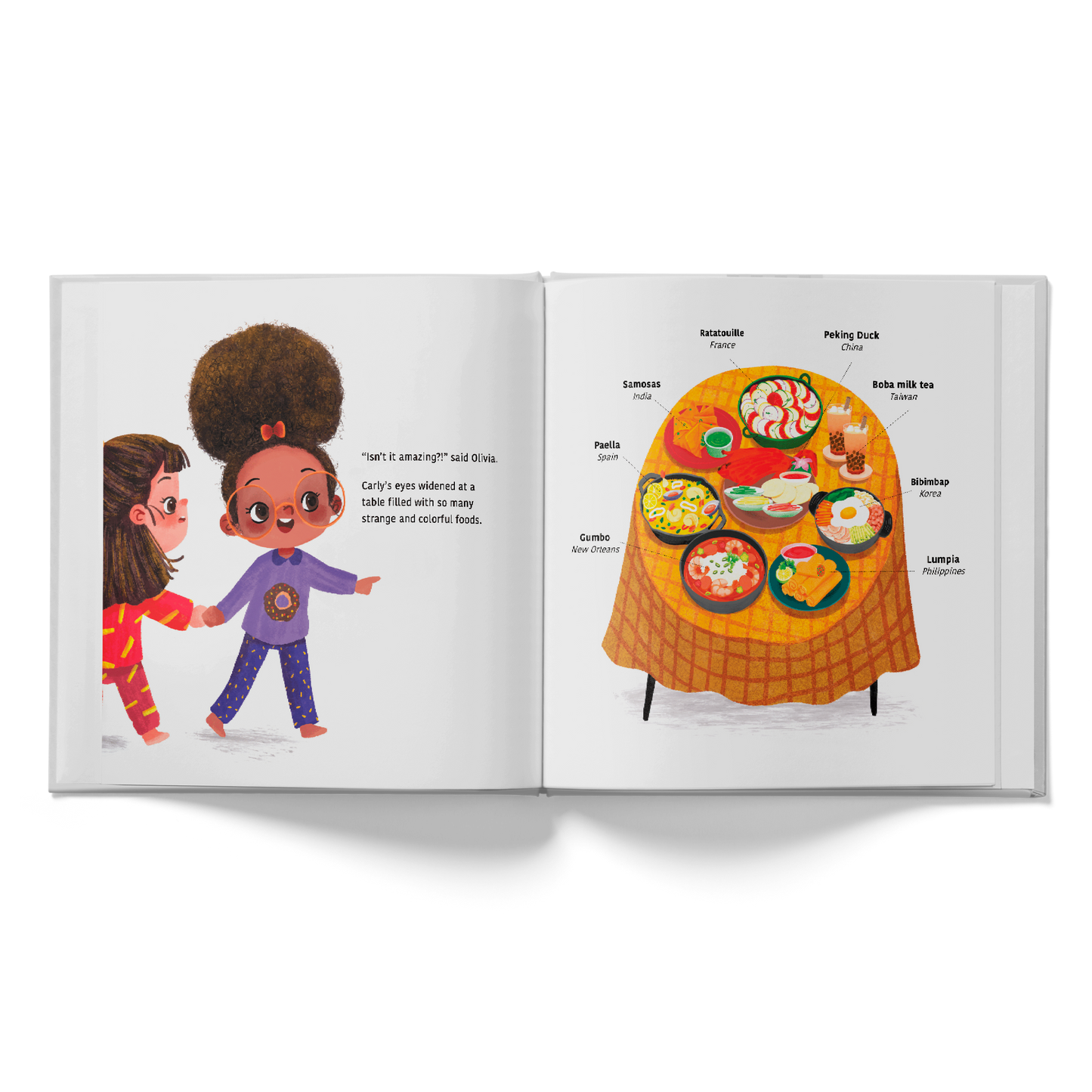 Open book showing illustrations of two children and a table with food.