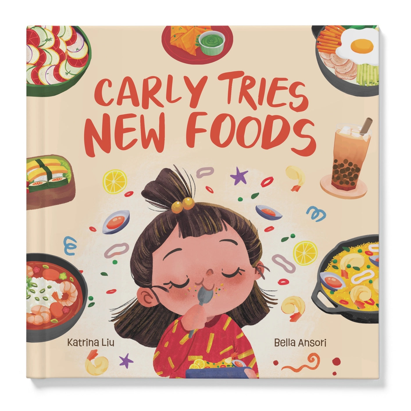 Book cover of 'Carly Tries New Foods' with food illustrations.