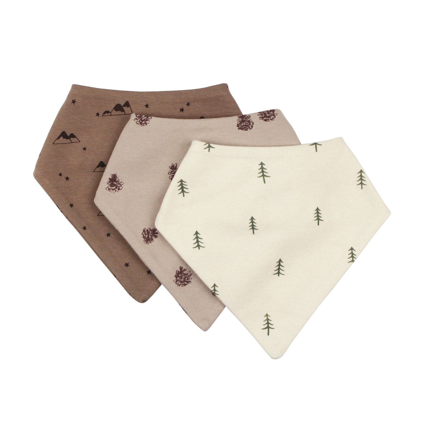 Three bandana bibs with nature-themed patterns on a white background