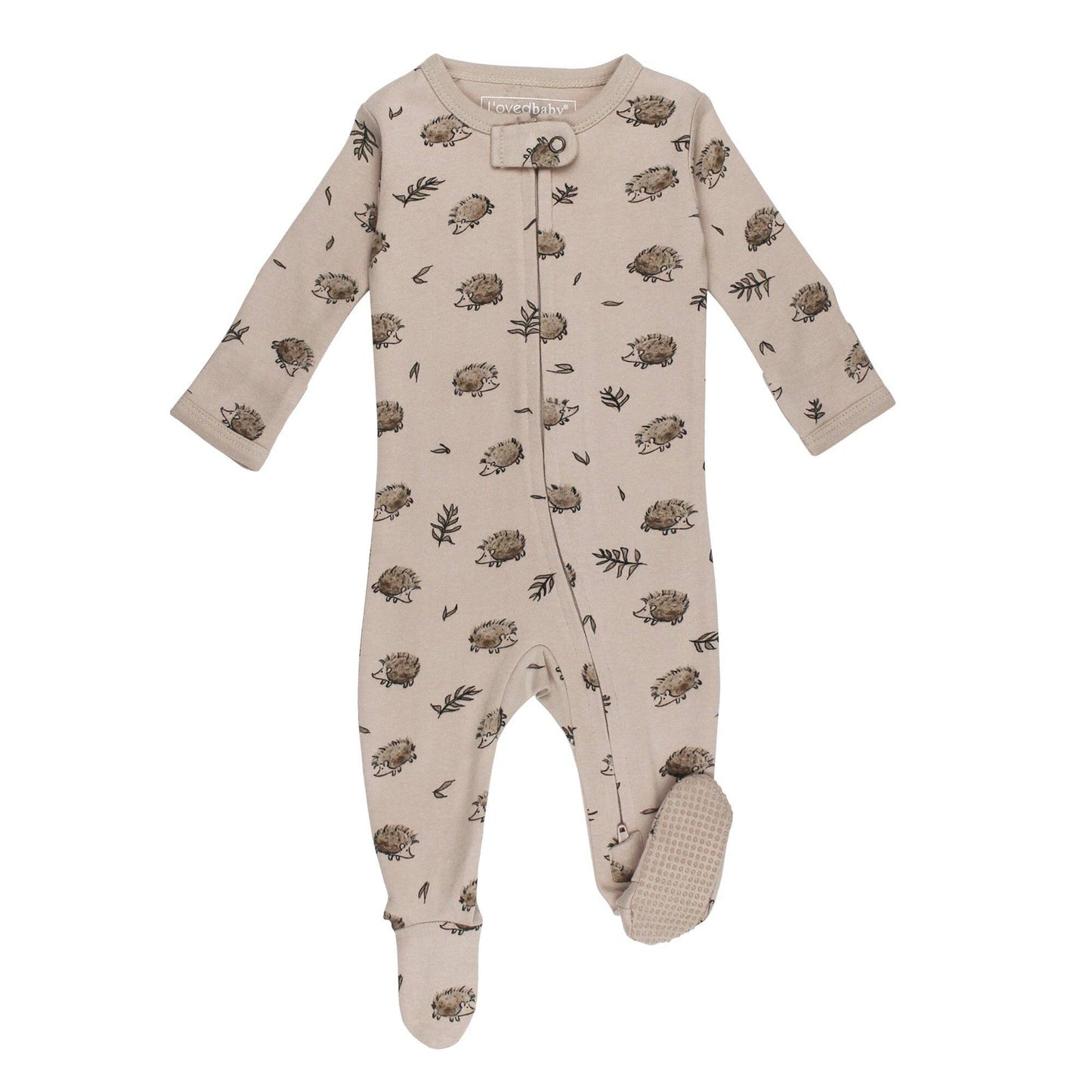 Baby footie with hedgehog pattern on a white background