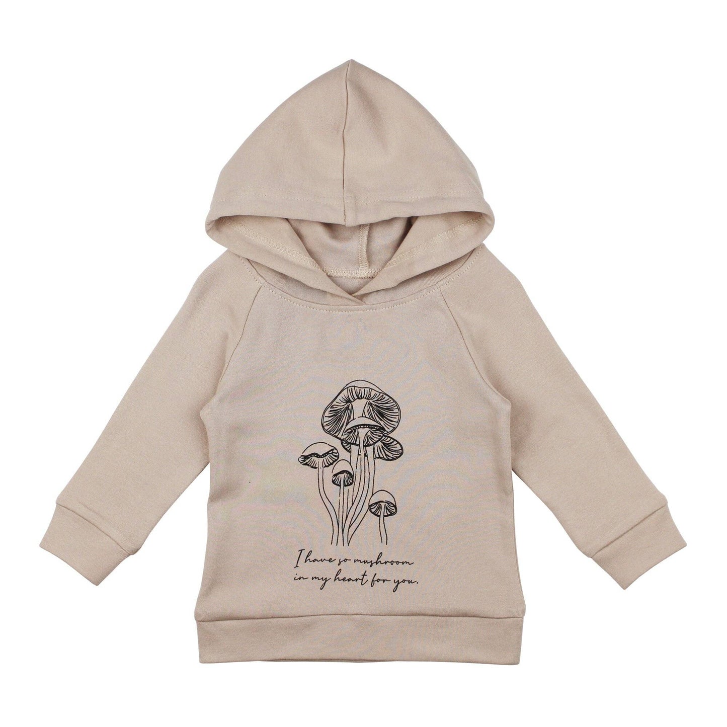 Beige hoodie with mushroom design and text on a white background