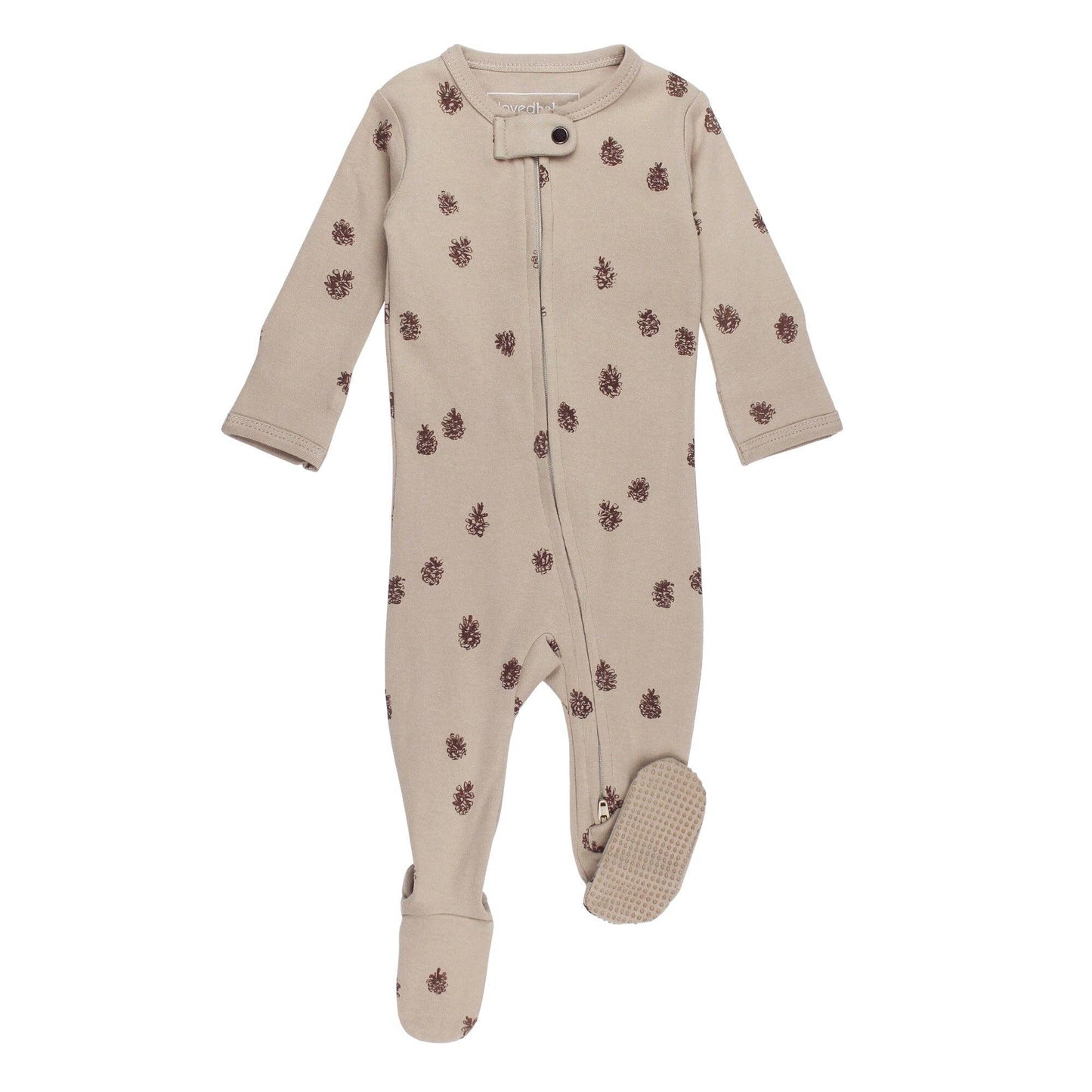 Beige baby footie with pine cone pattern on a white background