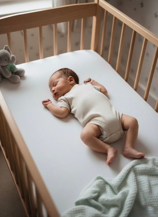 Newborn baby sleeping in a crib with a green blanket and gray toy.