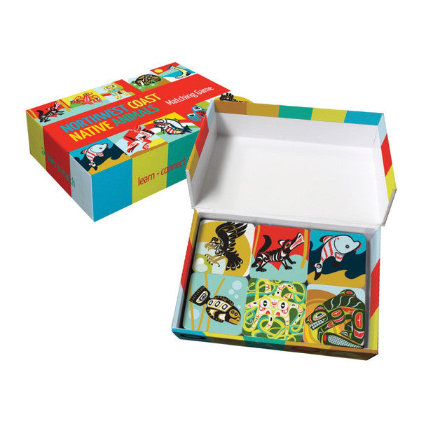 Colorful box of Northwest Coast Native Animals matching game with illustrations on a white background