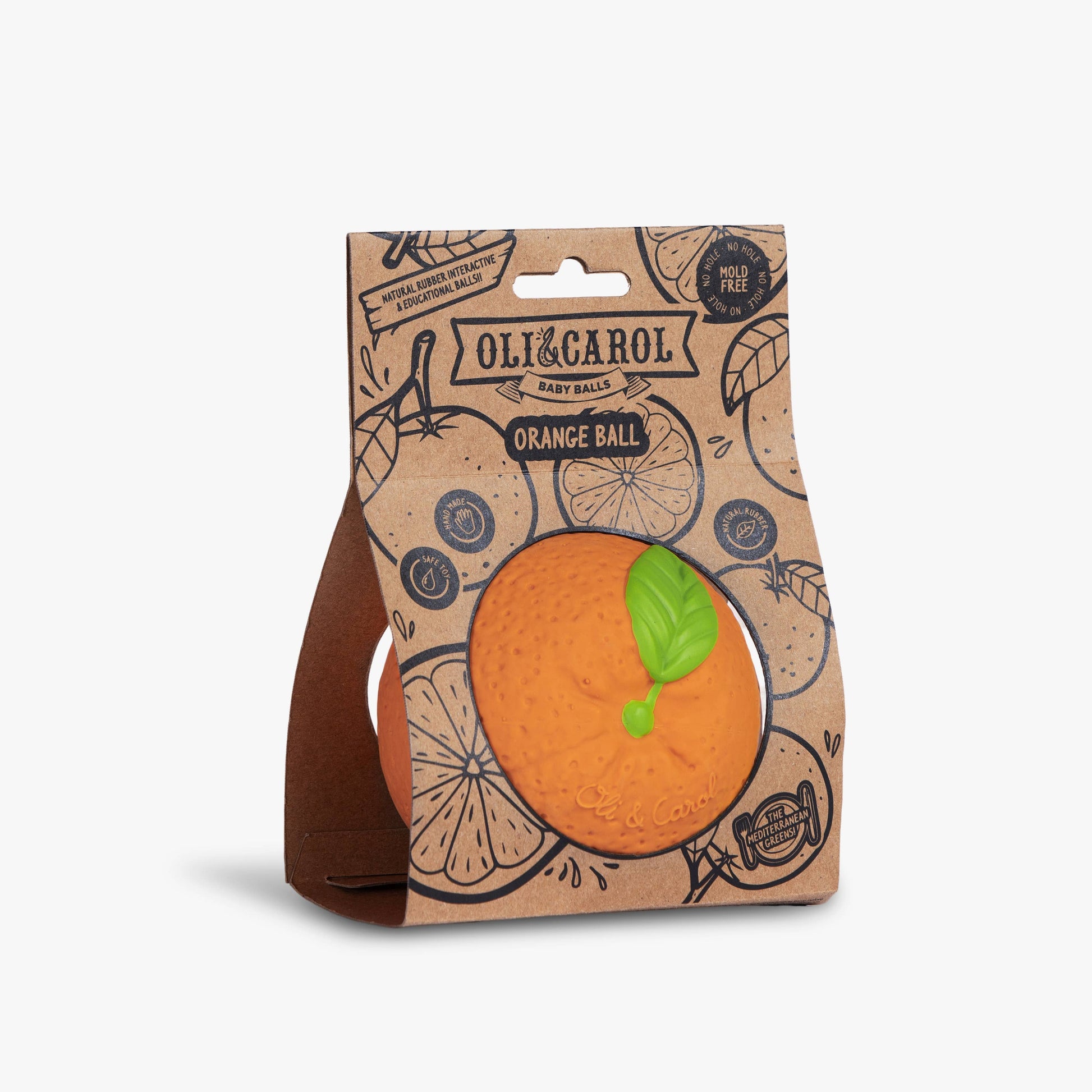 natural rubber orange baby ball in paper packaging