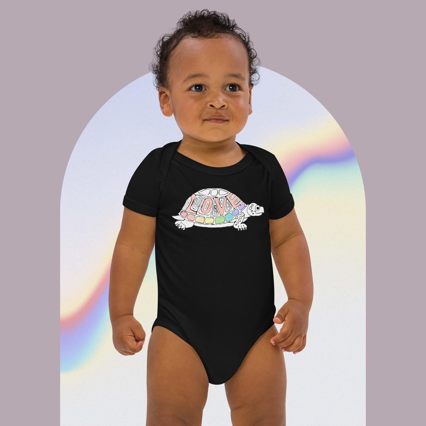 Organic cotton Rainbow Love Turtle baby romper