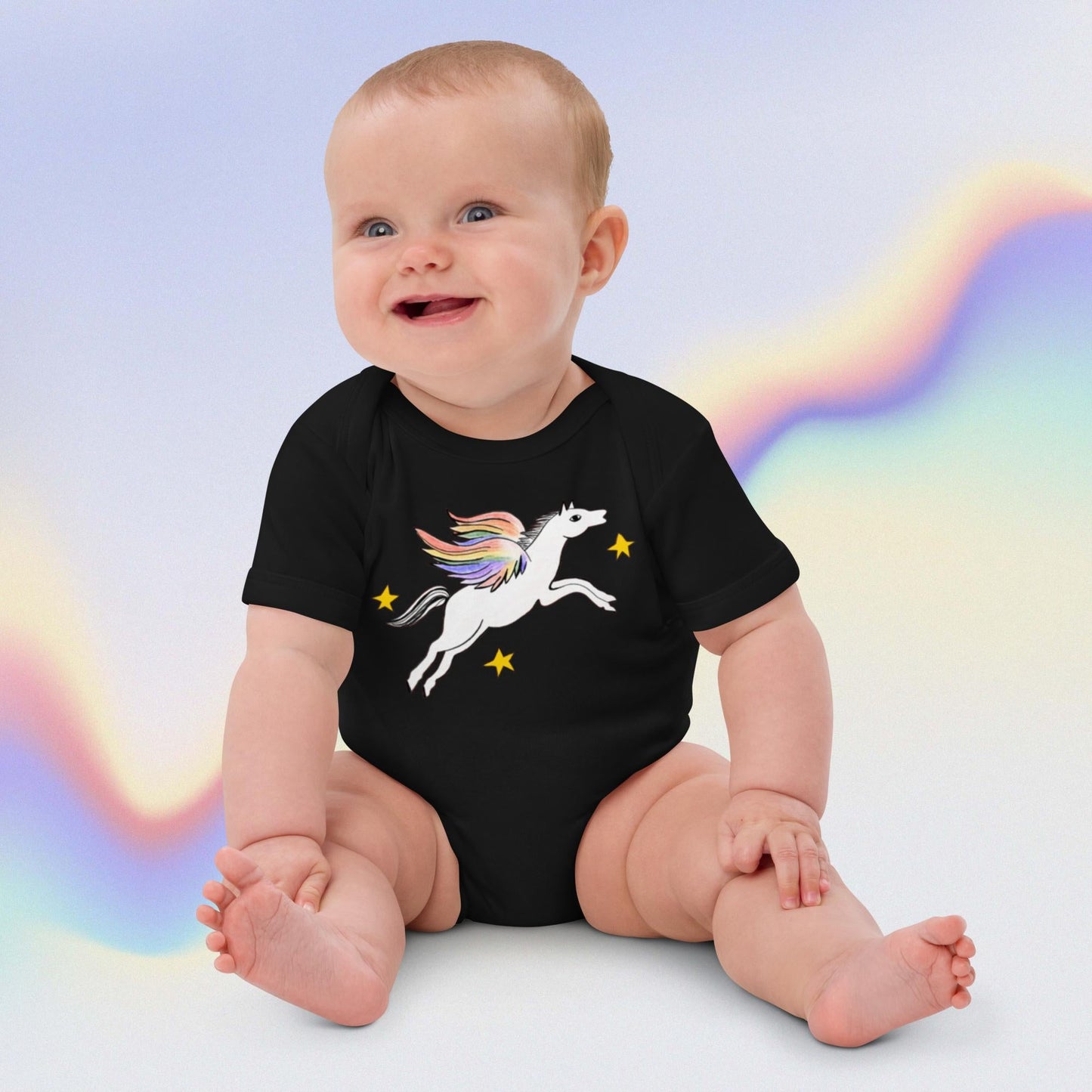 Two Owls Rainbow Pegasus Organic cotton baby romper