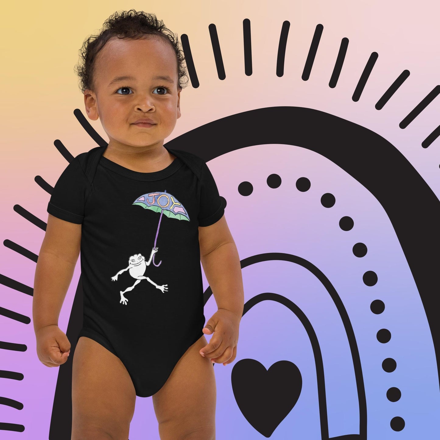 Two Owls Rainbow Joy Frog Organic cotton baby romper