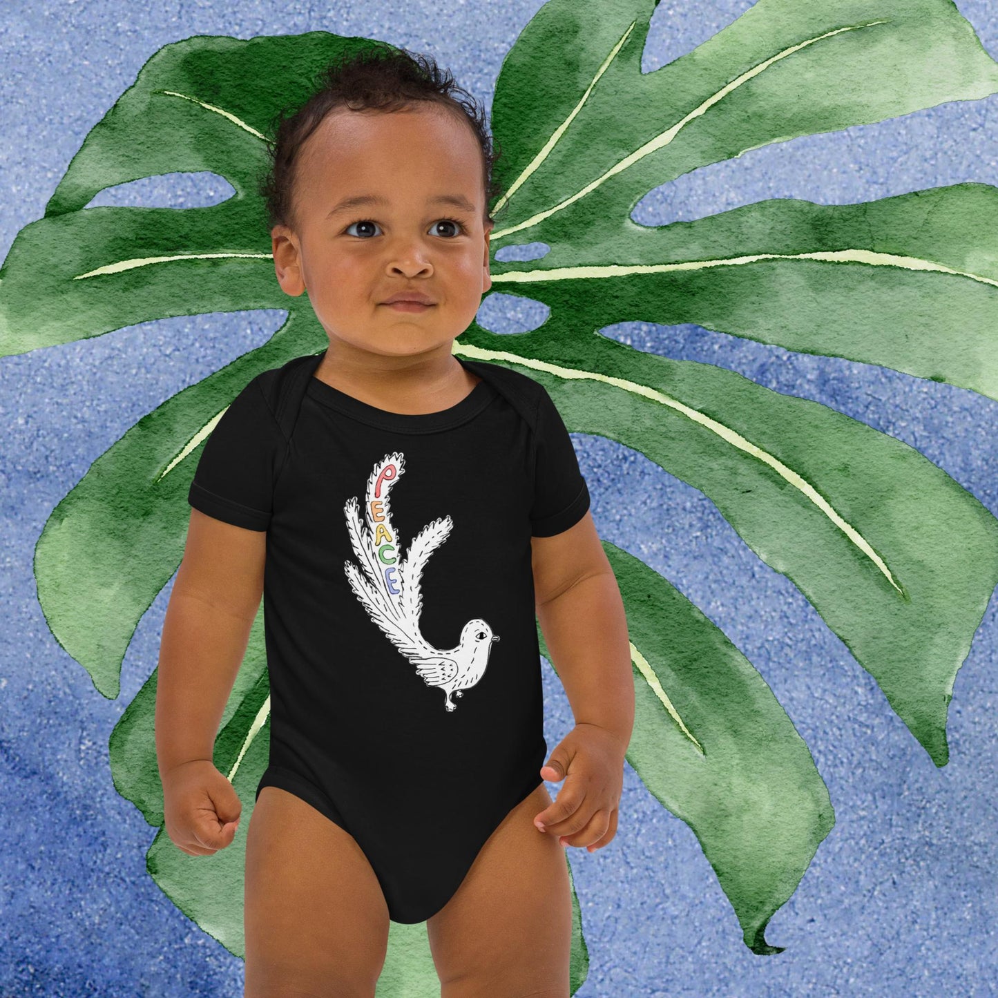 Two Owls Rainbow Peace Bird Organic cotton baby romper