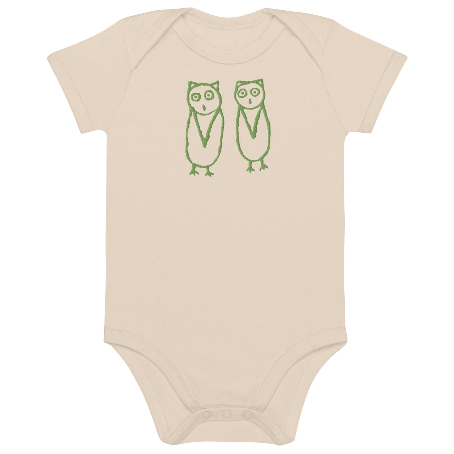 TwOOwls Natural/Green Owl Short Sleeve Romper -100% organic cotton