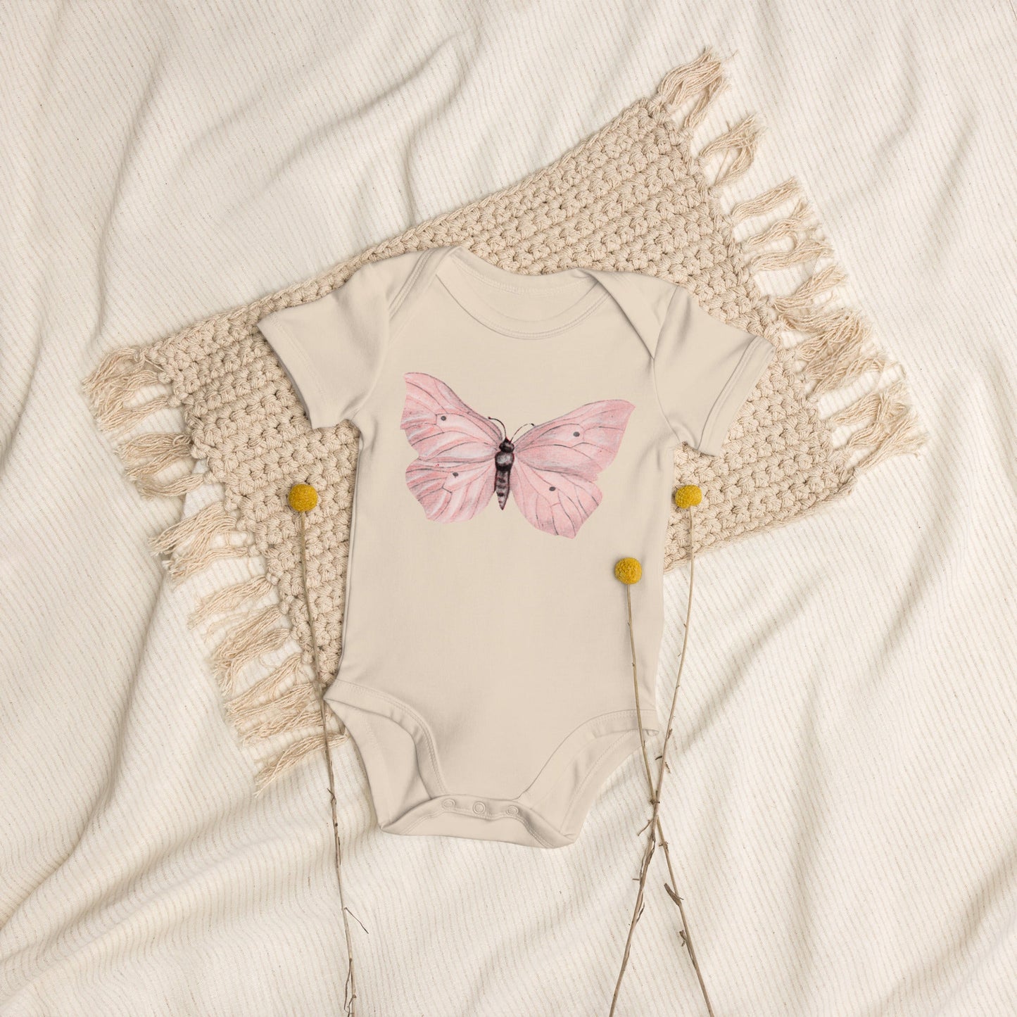 Two Owls Little Pink Butterfly Organic cotton baby romper