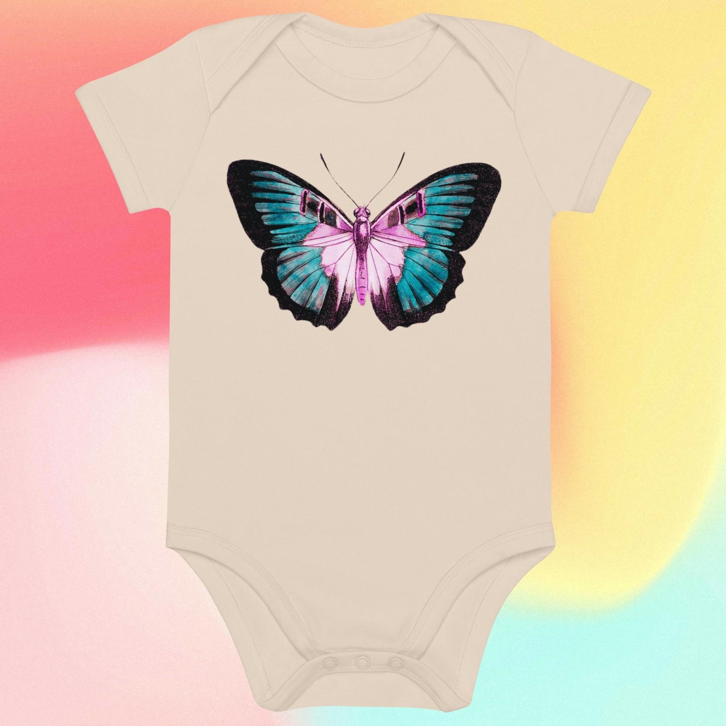 Two Owls Turquoise/Pink Butterfly Organic cotton baby romper