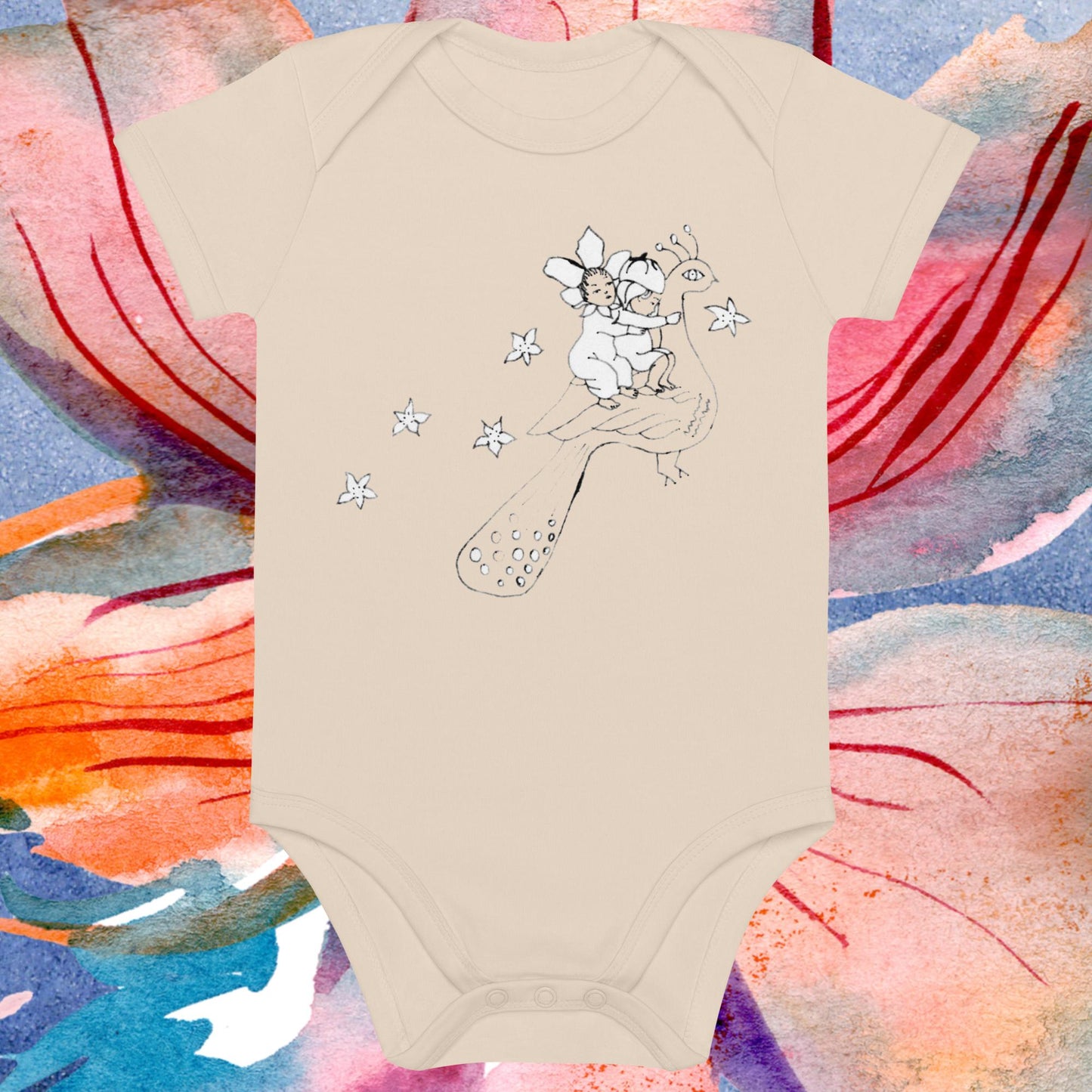 Two Owls Peacock & Friends Organic cotton baby romper