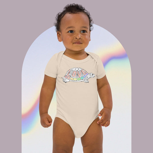 Organic cotton Rainbow Love Turtle baby romper