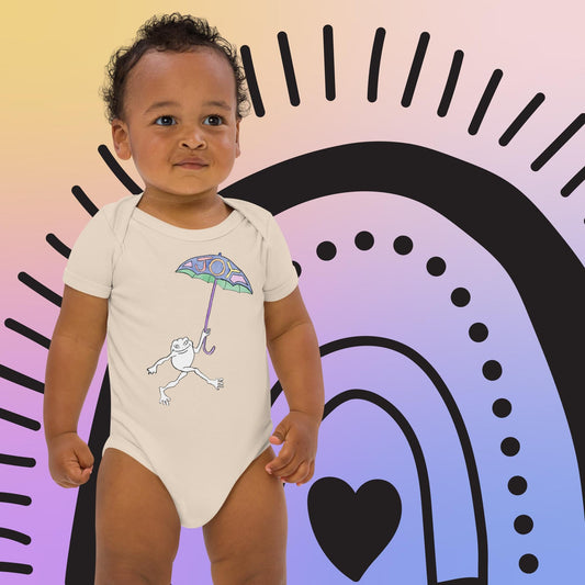 Two Owls Rainbow Joy Frog Organic cotton baby romper