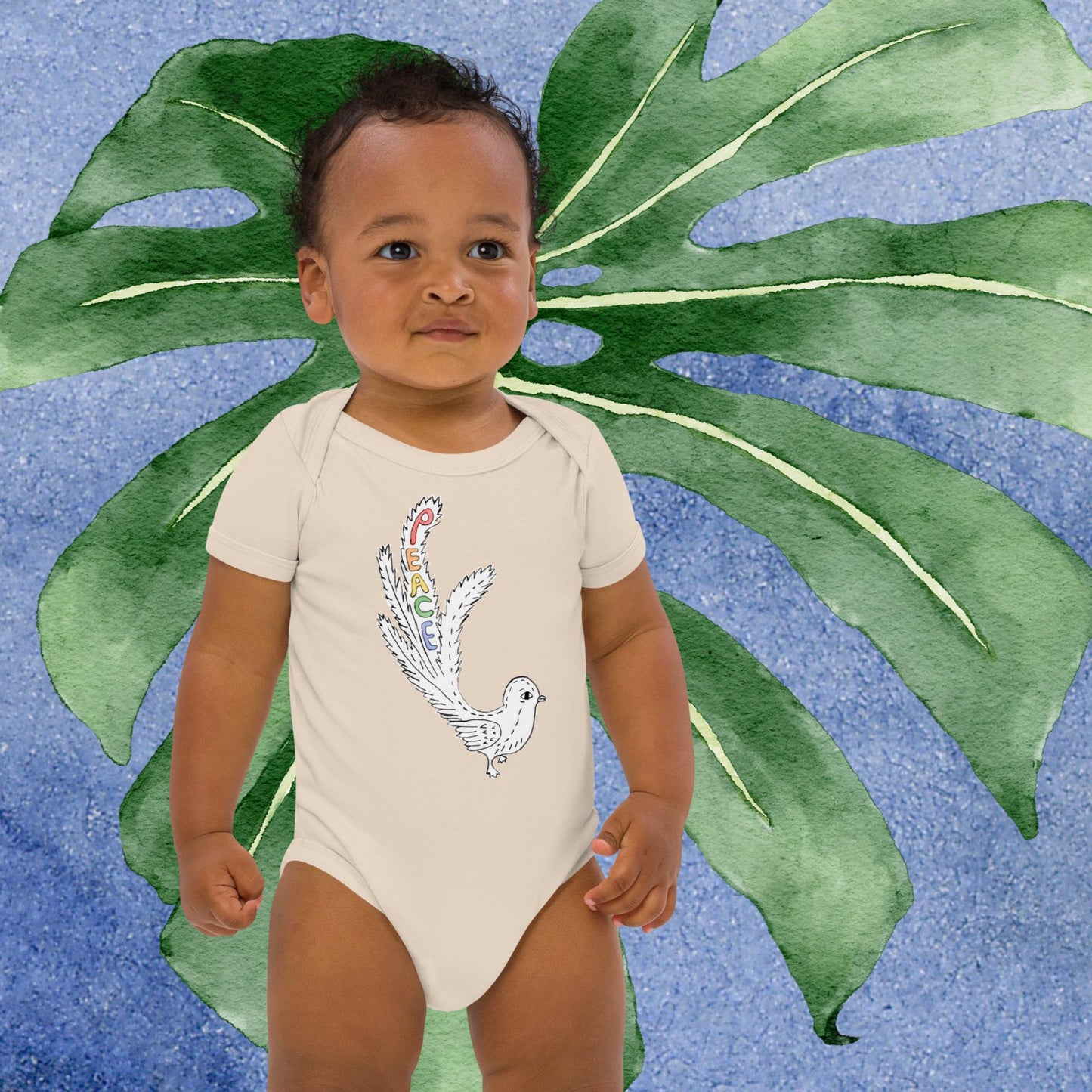 Two Owls Rainbow Peace Bird Organic cotton baby romper