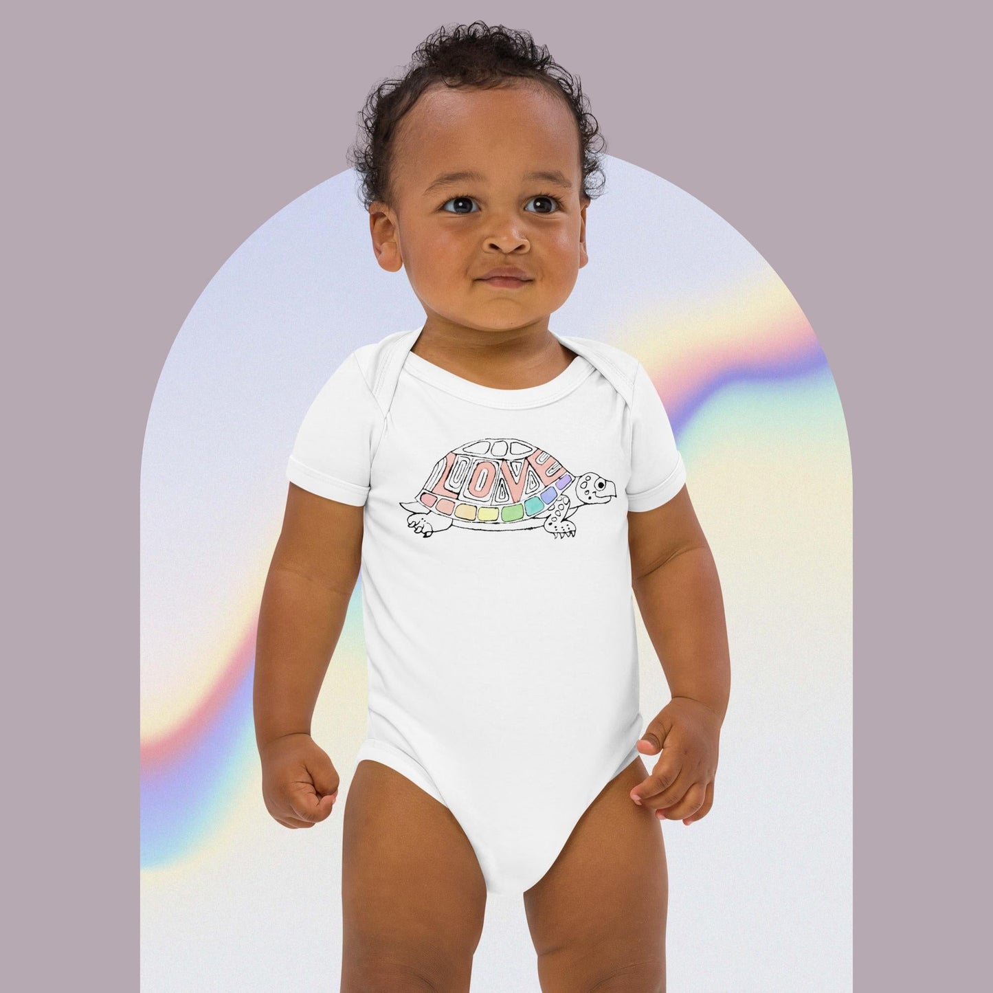 Organic cotton Rainbow Love Turtle baby romper