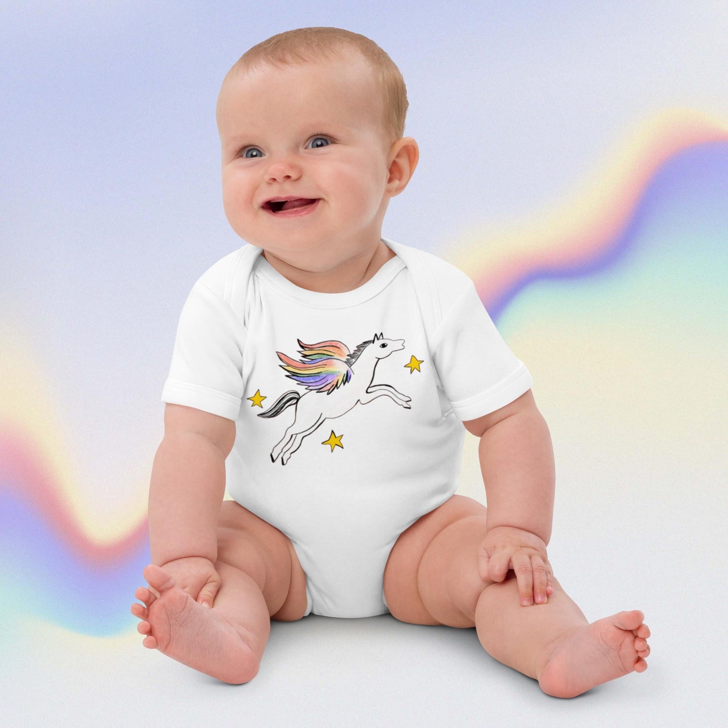 Two Owls Rainbow Pegasus Organic cotton baby romper