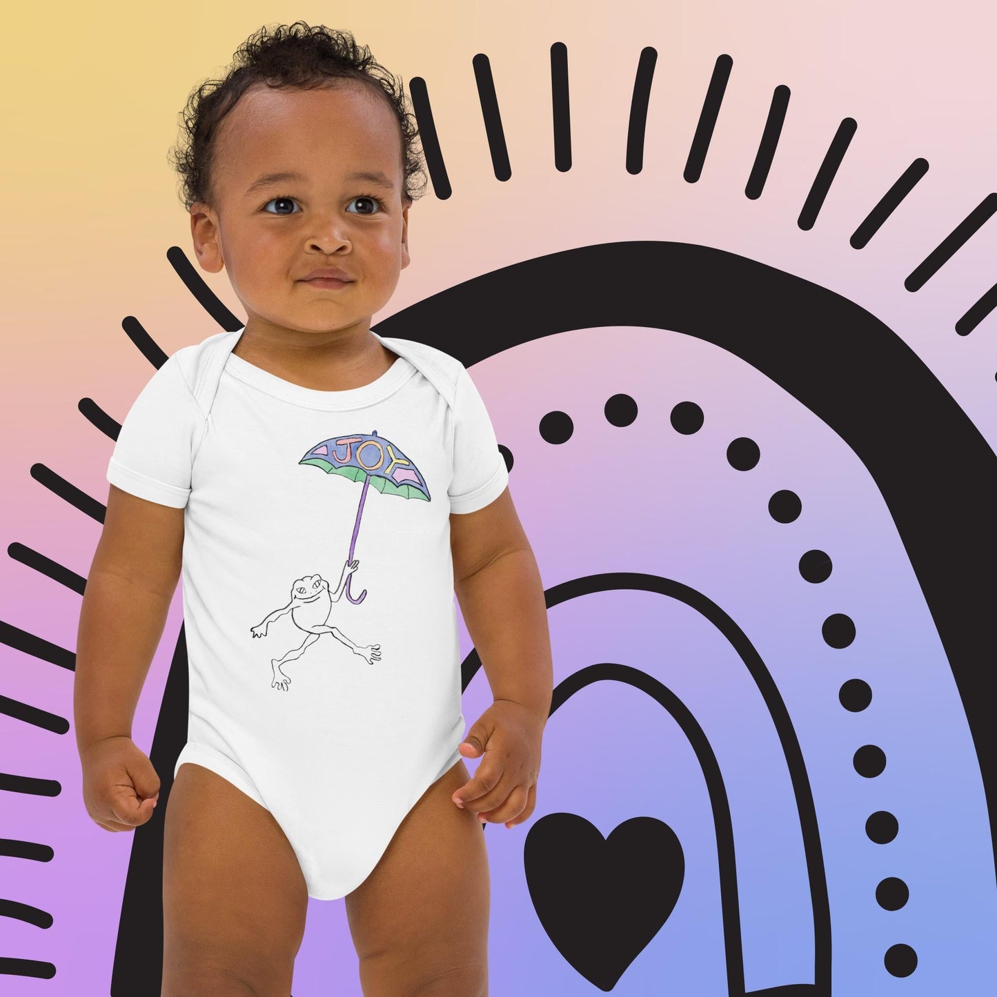 Two Owls Rainbow Joy Frog Organic cotton baby romper