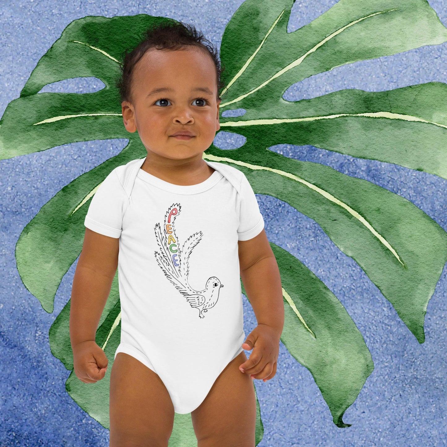 Two Owls Rainbow Peace Bird Organic cotton baby romper