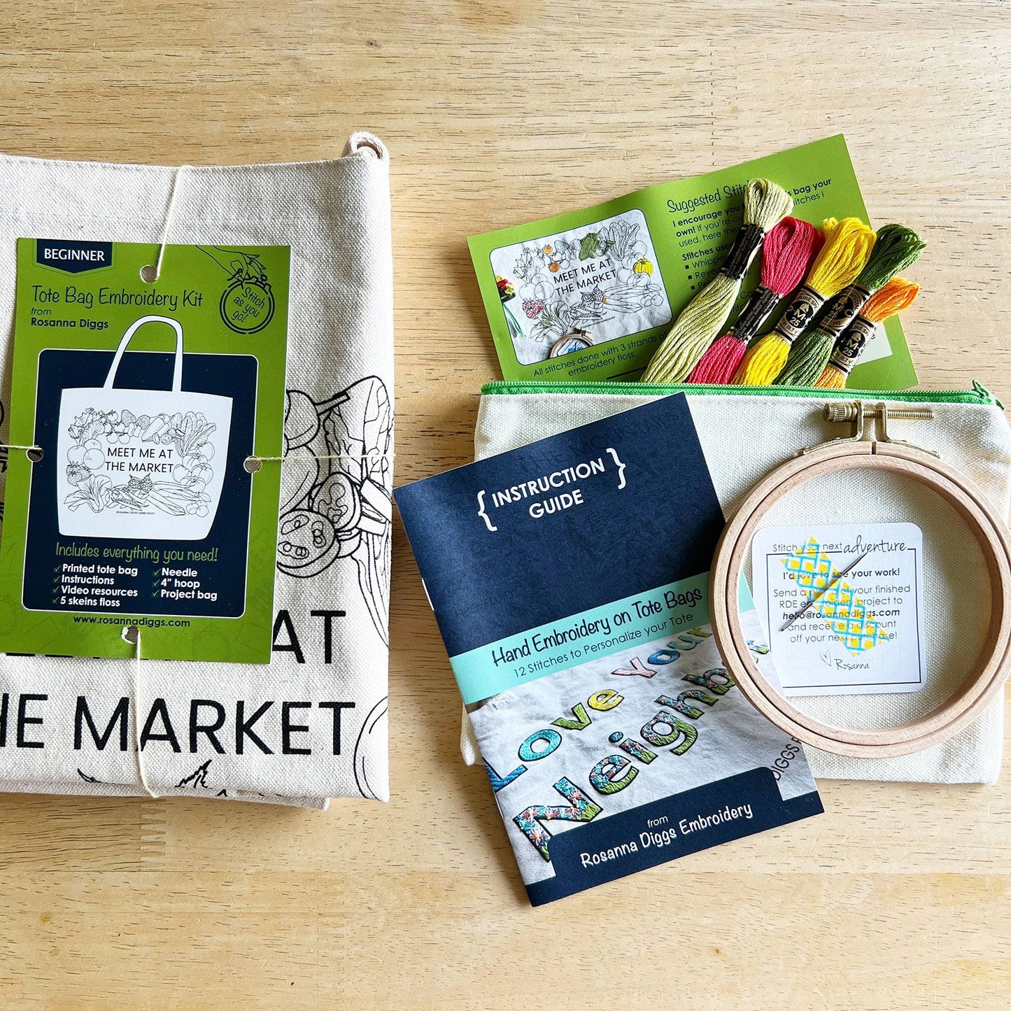 Embroidery kit with materials and tools on a wooden surface