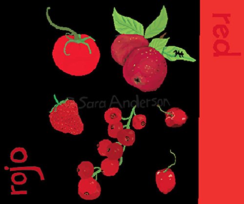 Illustrations of red fruits and vegetables on a black background with 'rojo' a page of Sara Anderson's children's book la manzana es rojo