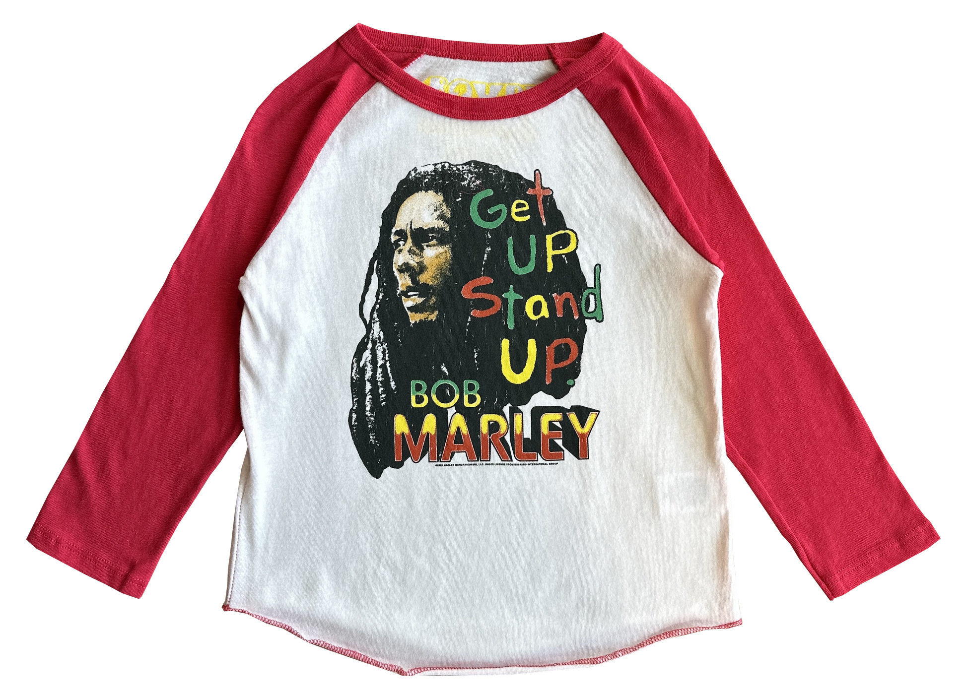 Long-sleeve shirt with Bob Marley graphic and text on a white background
