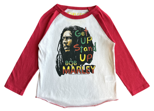 Long-sleeve shirt with Bob Marley graphic and text on a white background