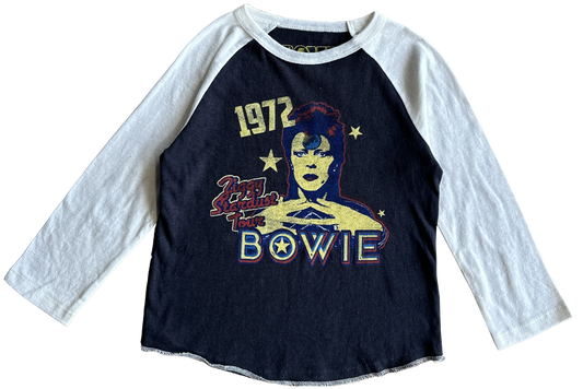 Long-sleeve shirt with a graphic design of David Bowie Ziggy Stardust Tour on a white background