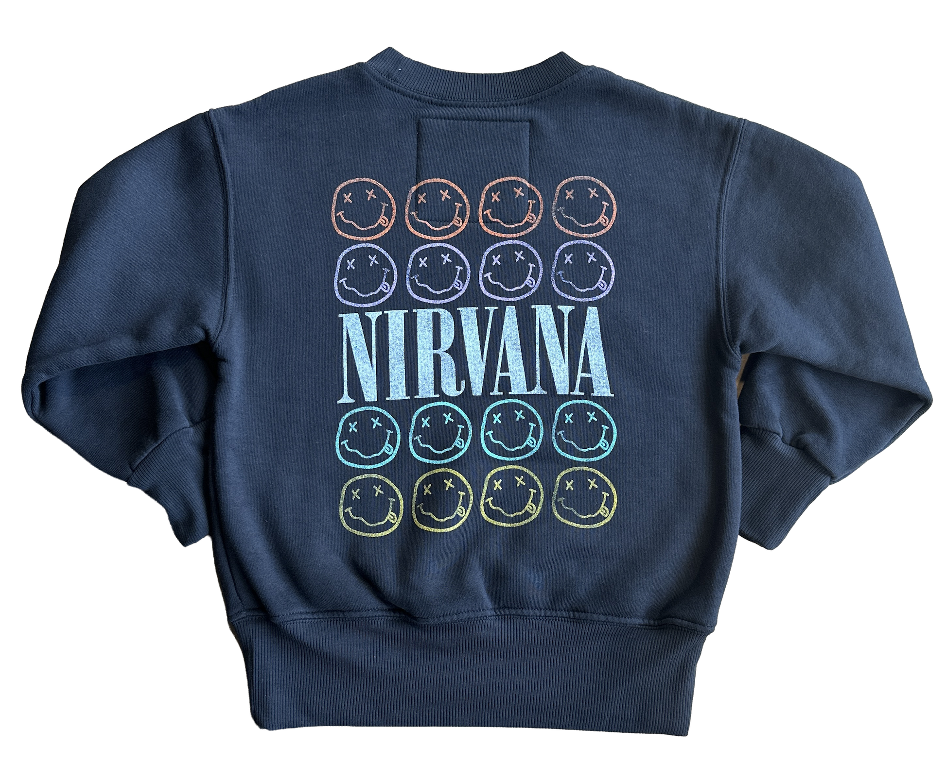 Navy blue crewneck with colorful smiley face designs and 'NIRVANA' text on a white background
