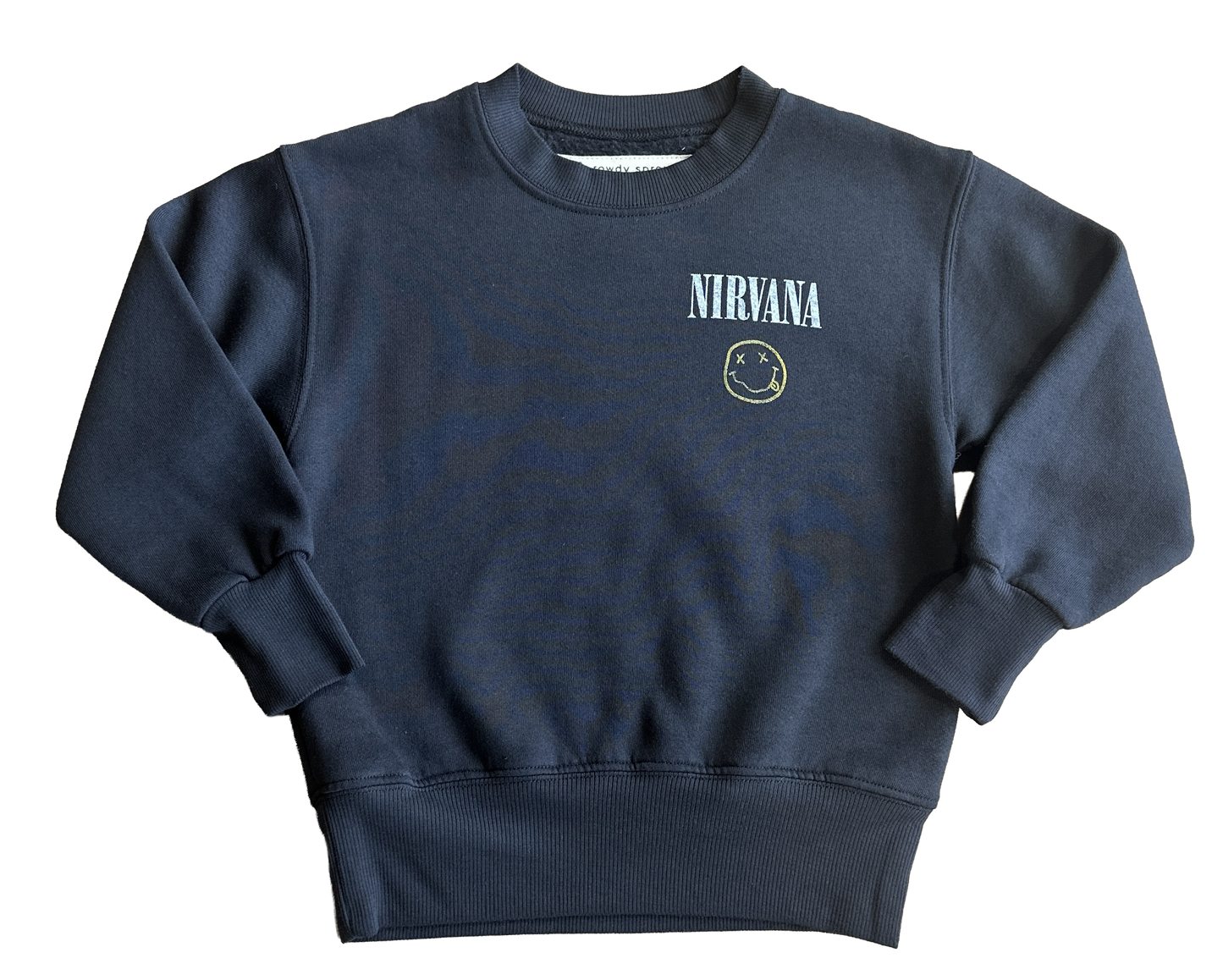 Navy blue crewneck with 'Nirvana' logo on a white background