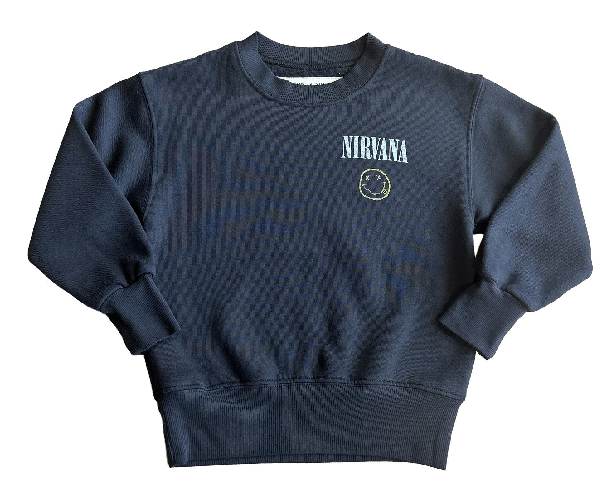 Navy blue crewneck with 'Nirvana' logo on a white background